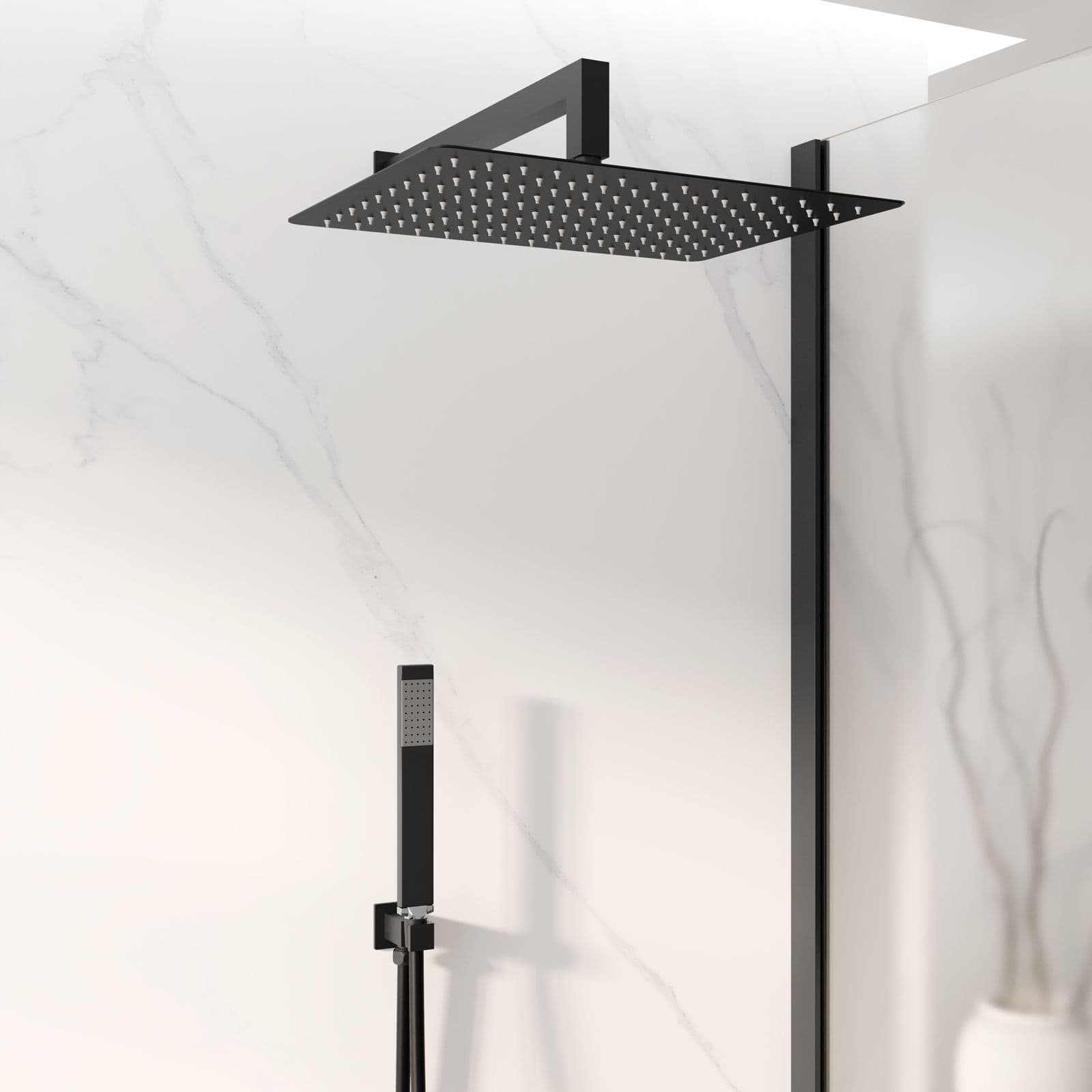 Set doccia con soffione 40x30 cm, braccio doccia 40 cm e kit doccino nero opaco
