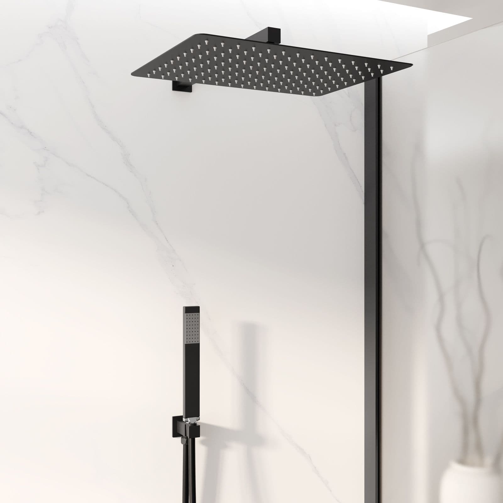 Set doccia con soffione 40x30 cm, braccio quadrato 40 cm e kit doccino nero opaco