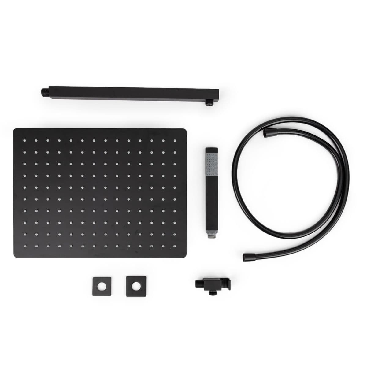 Set doccia con soffione 40x30 cm, braccio quadrato 40 cm e kit doccino nero opaco