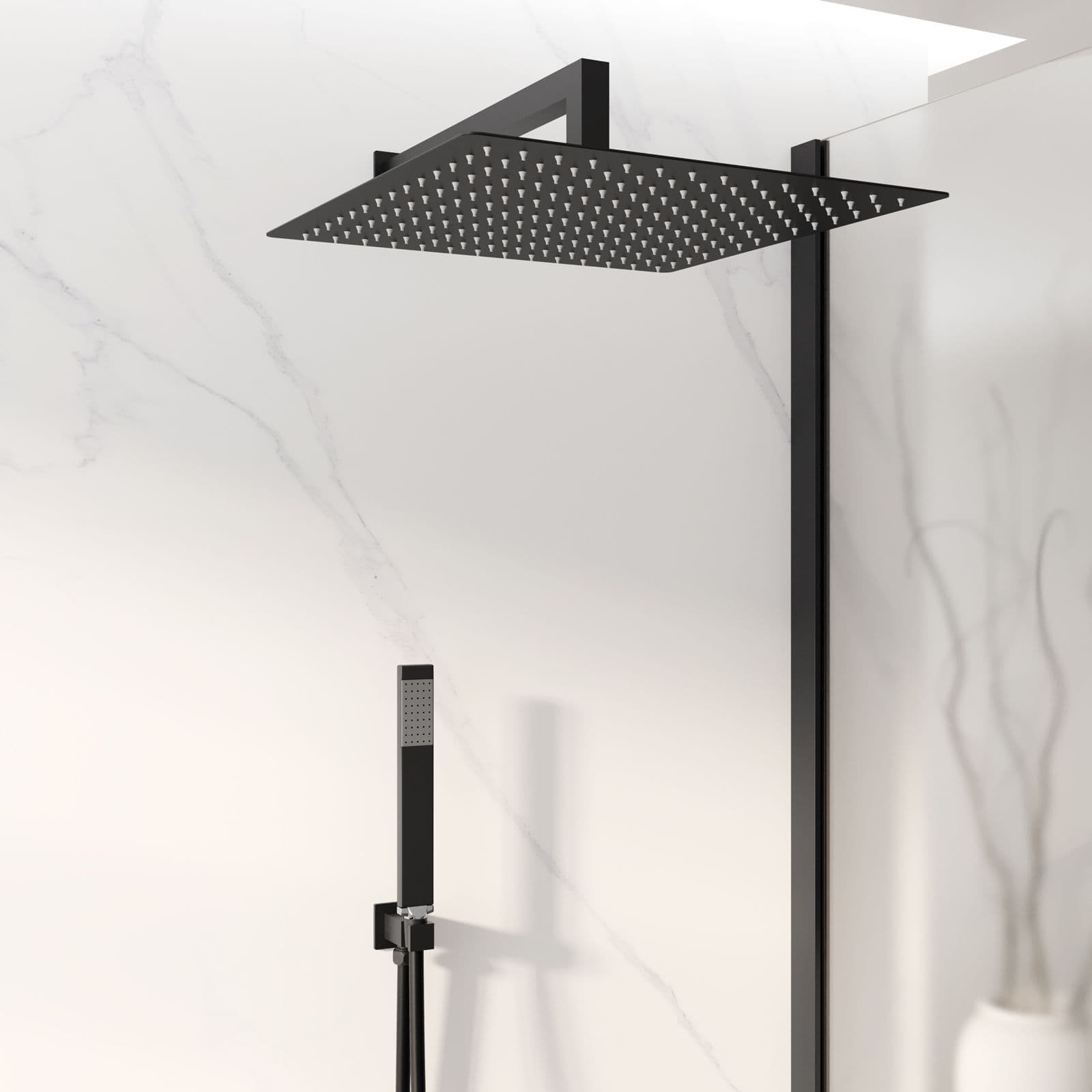 Set doccia con soffione 40x40 cm, braccio doccia 40 cm e kit doccino nero opaco