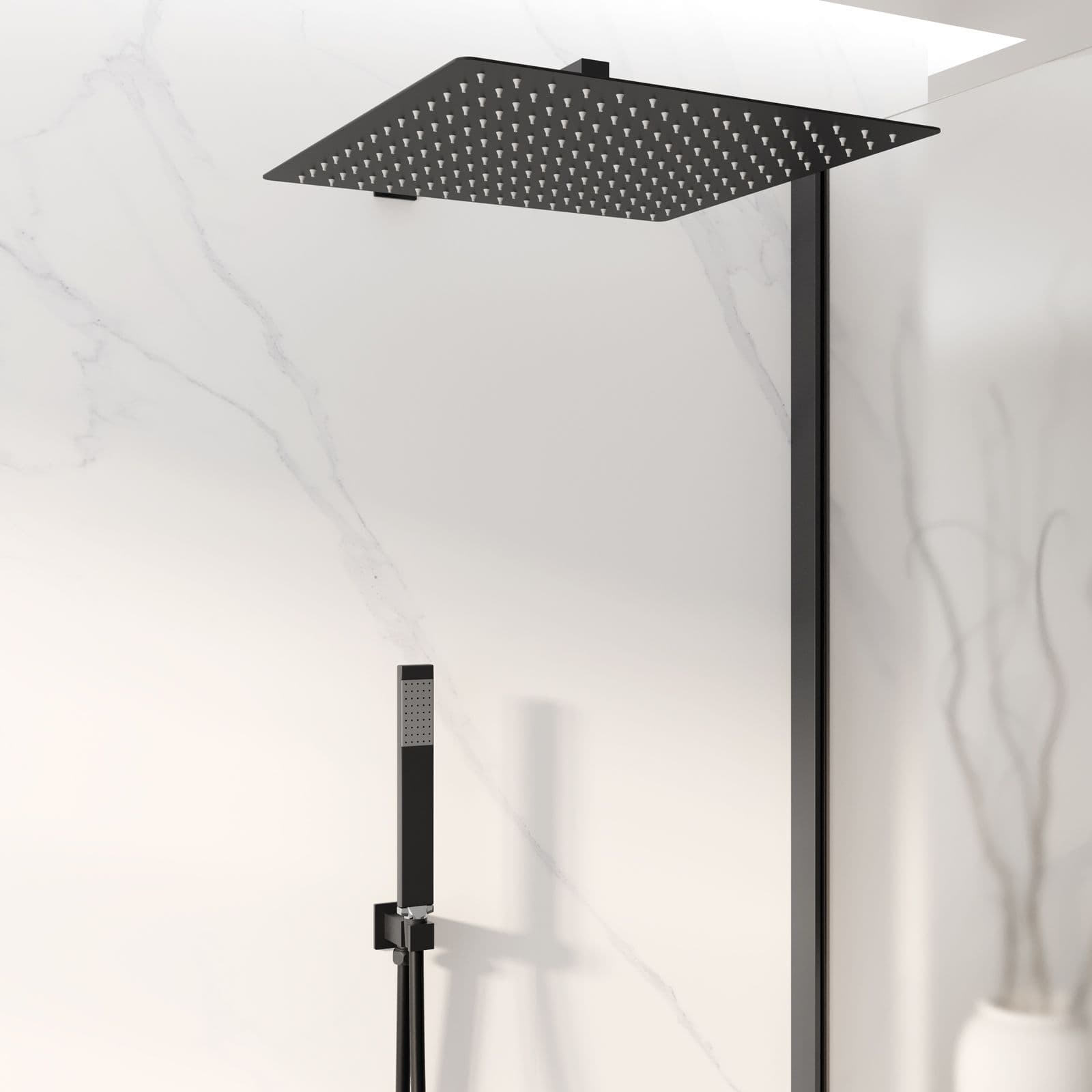 Set doccia con soffione 40x40 cm, braccio quadrato 40 cm e kit doccino nero opaco