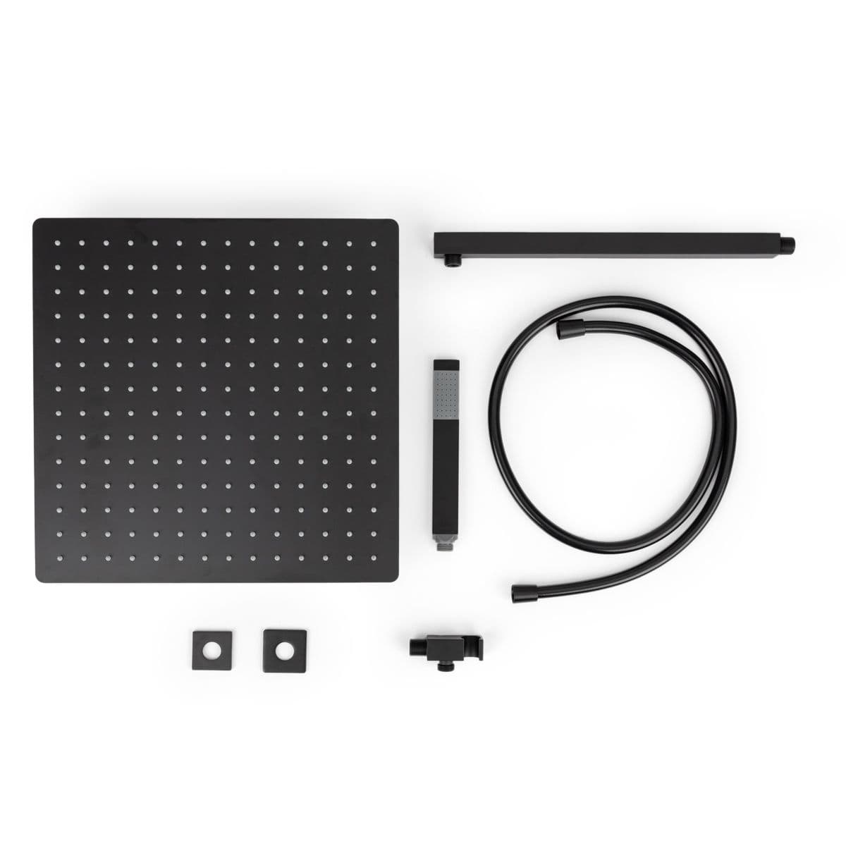 Set doccia con soffione 40x40 cm, braccio quadrato 40 cm e kit doccino nero opaco