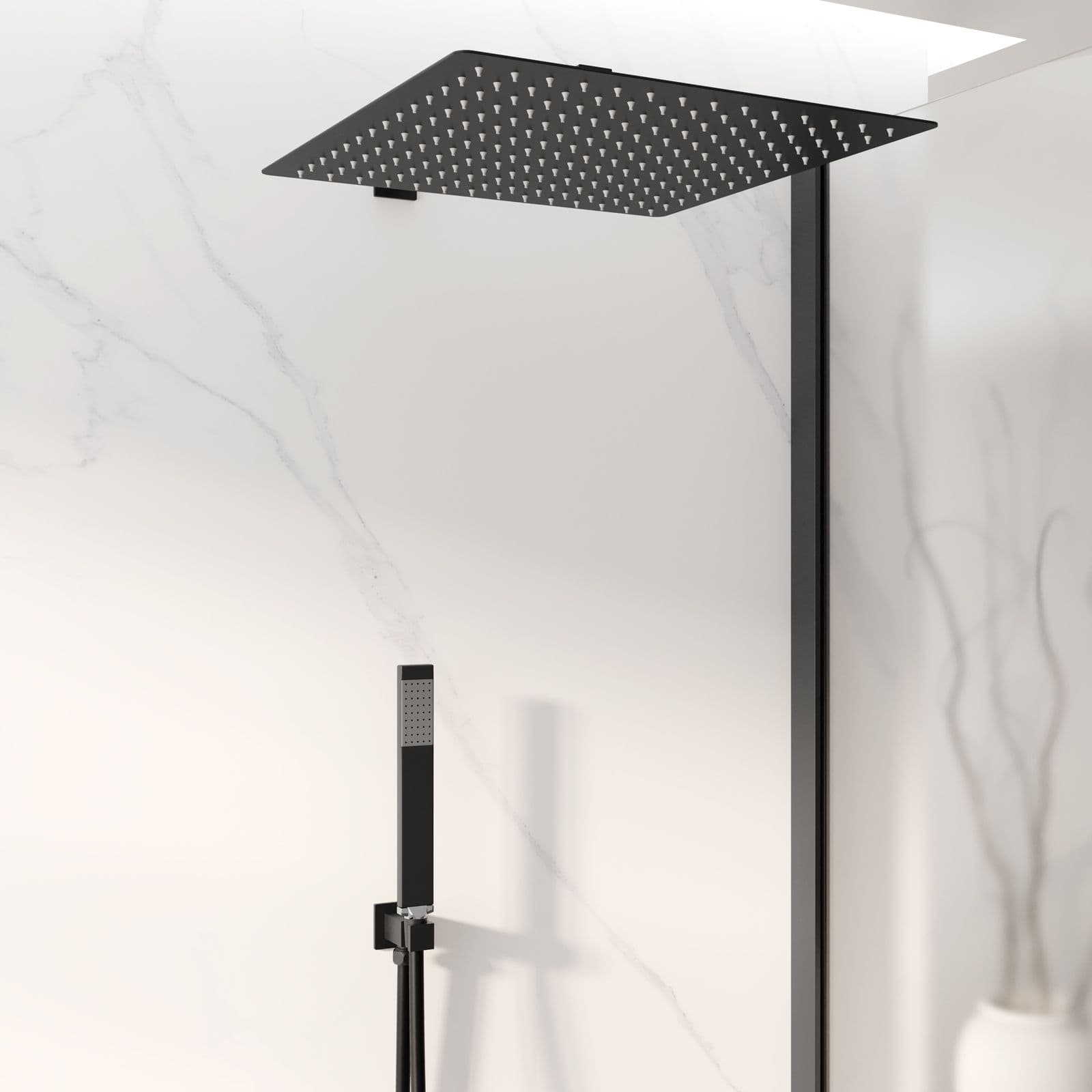 Set doccia con soffione 40x40 cm, braccio slim 40 cm e kit doccino nero opaco