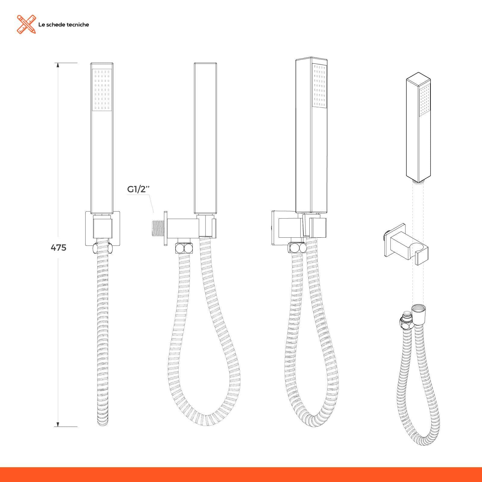 Set doccia squadrato con soffione 30x30 cm con braccio e doccino con presa acqua a muro