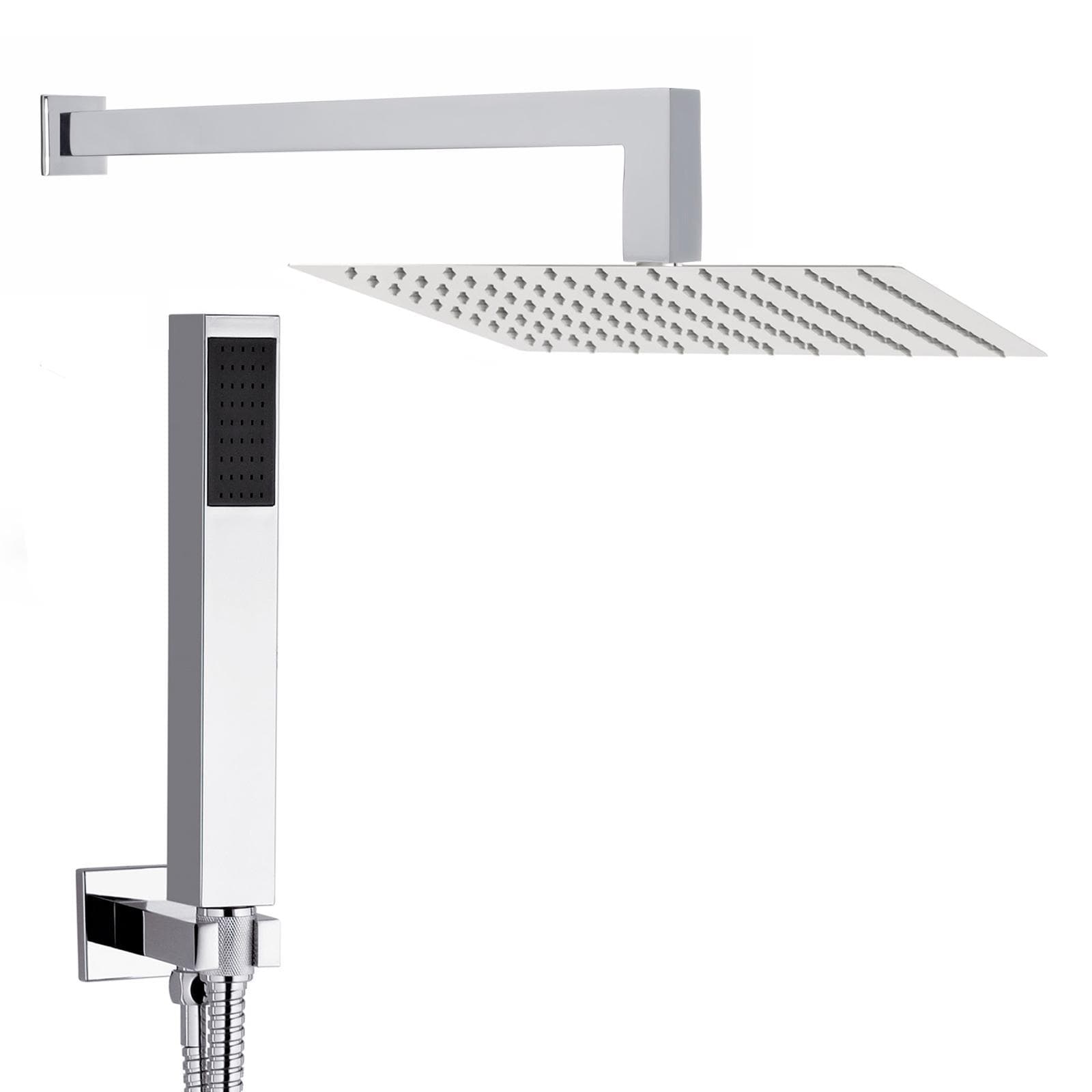 Set doccia squadrato con soffione 30x30 cm con braccio e doccino con presa acqua a muro