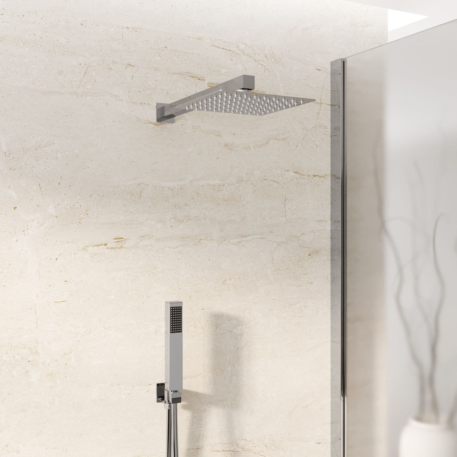 Set doccia squadrato soffione 20x20cm con braccio 40cm e doccino con presa d'acqua