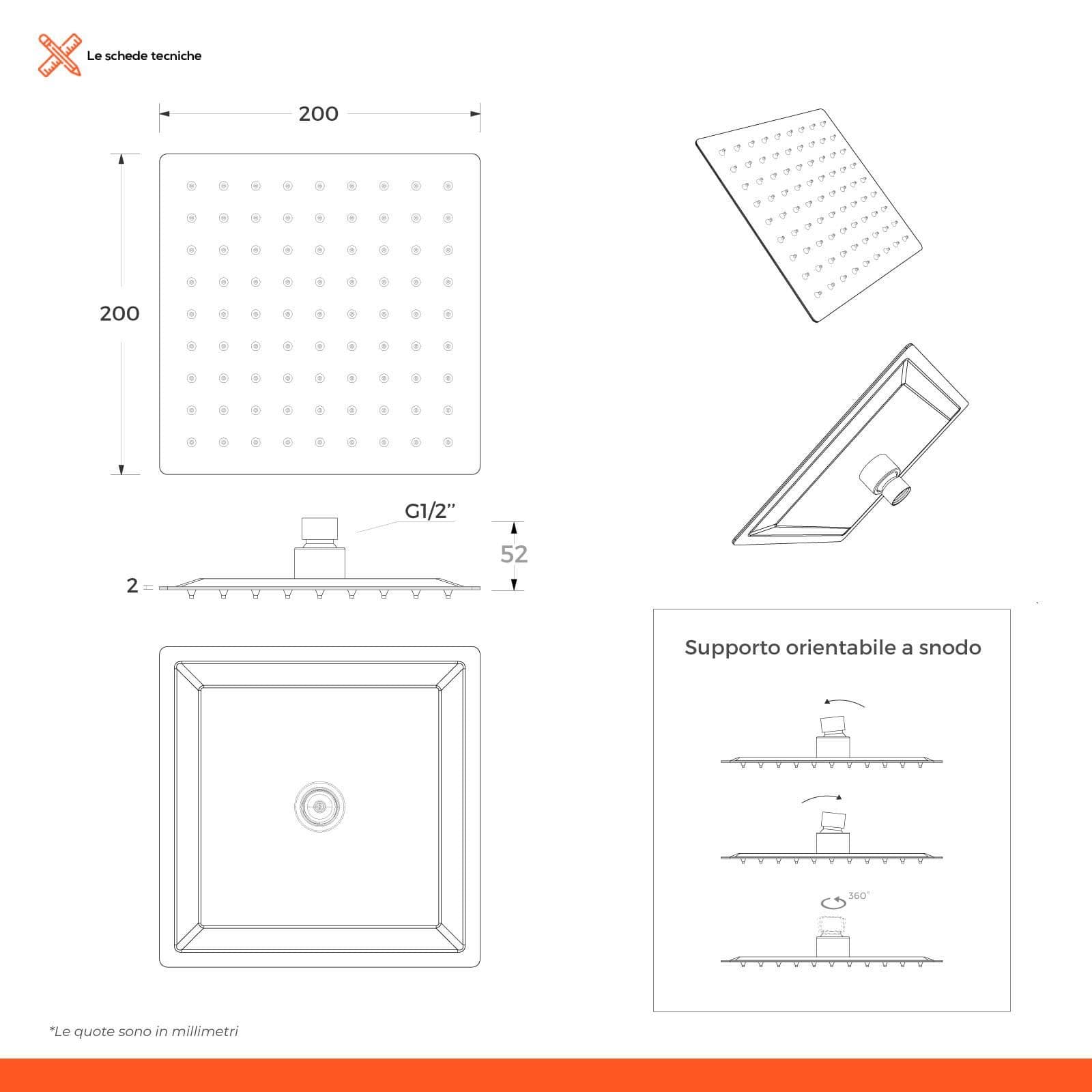 Set doccia squadrato soffione 20x20cm con braccio 40cm e doccino con presa d'acqua