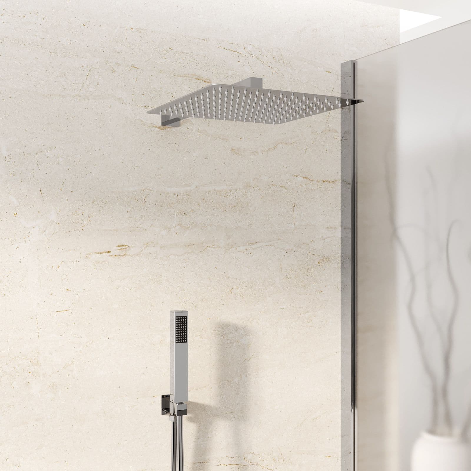 Set doccia squadrato soffione 30x30cm, braccio 40cm e doccino con presa d'acqua