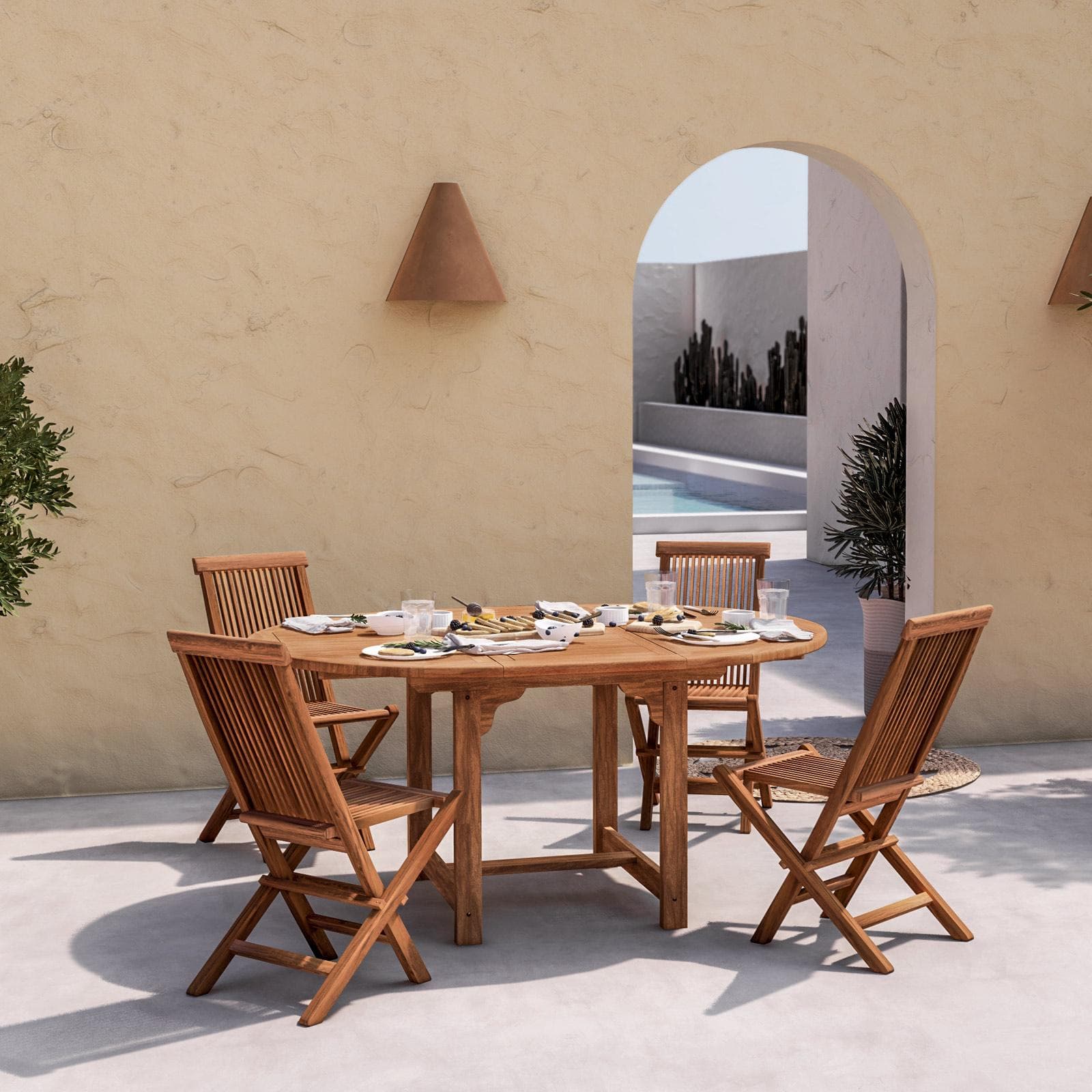 Set pranzo tavolo 120/170x120 cm e 4 sedie pieghevoli in legno teak - Louis