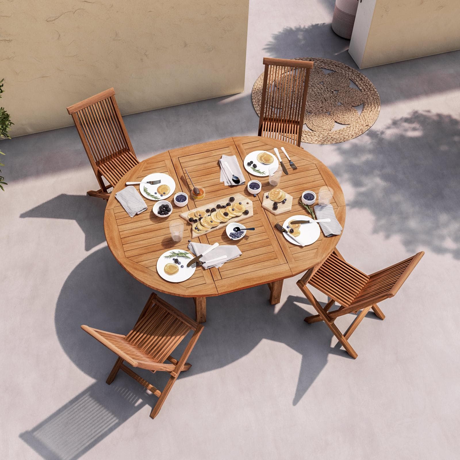Set pranzo tavolo 120/170x120 cm e 4 sedie pieghevoli in legno teak - Louis