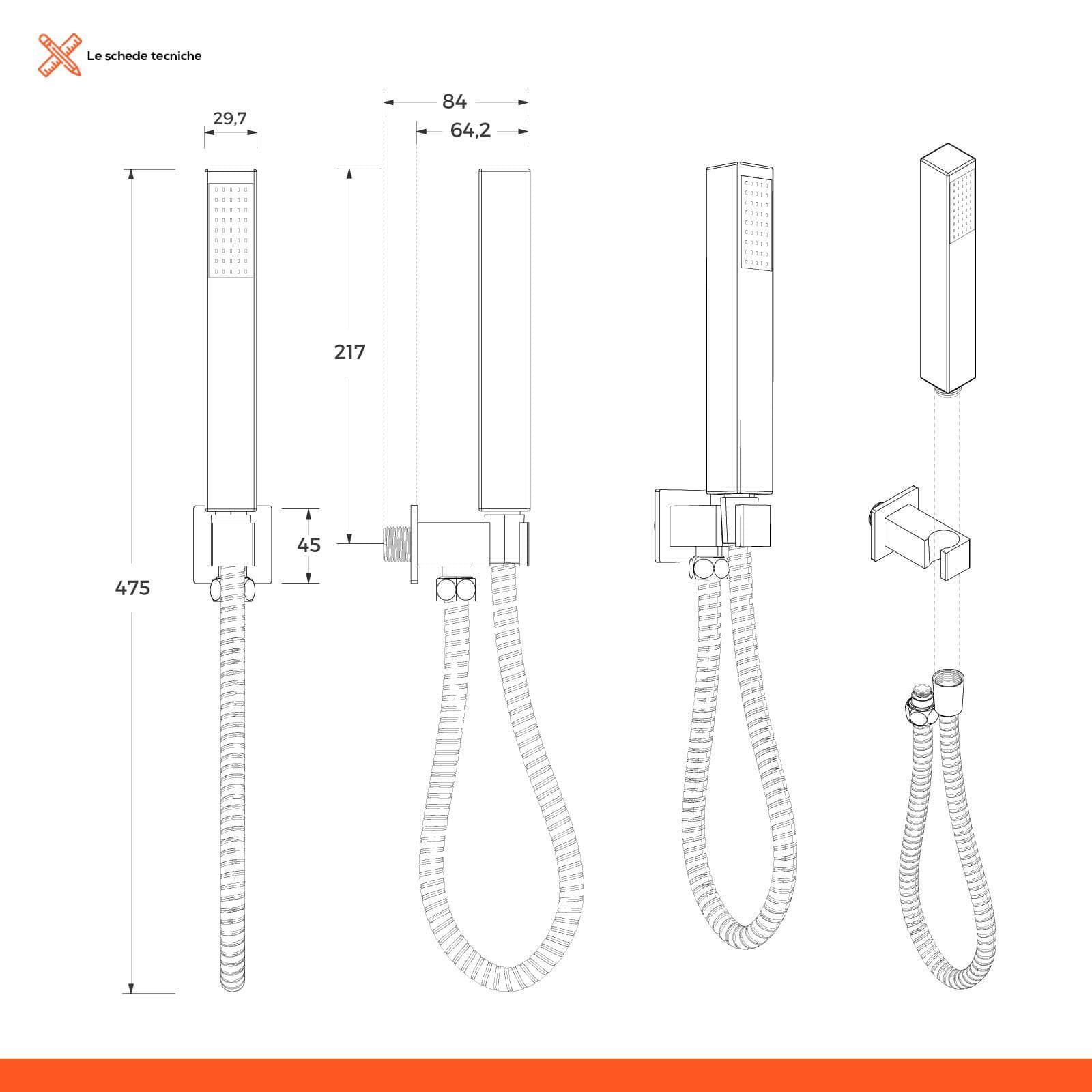 Set incasso doccetta squadrata con presa acqua e flessibile cromo