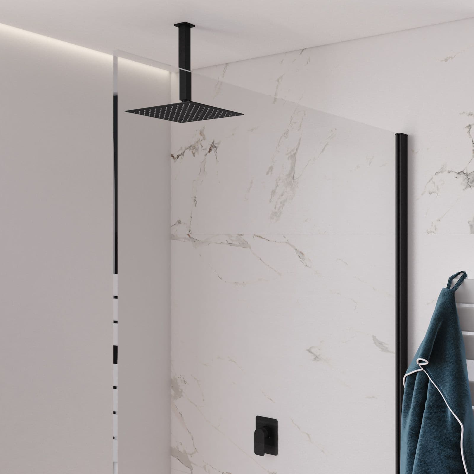 Set incasso doccia con braccio a soffitto 20 cm e soffione 25x25 cm nero – Fusion