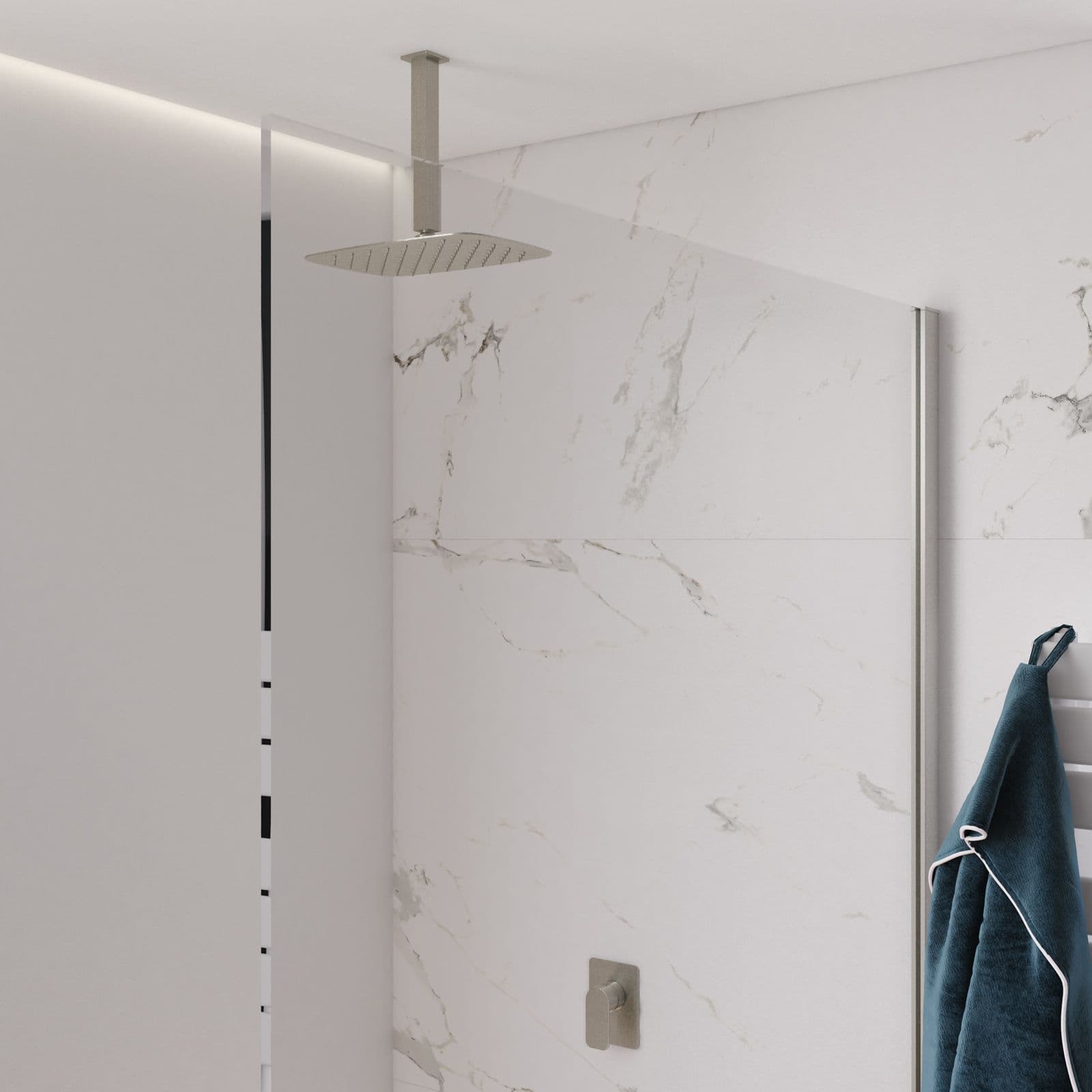 Set incasso doccia con braccio a soffitto 20 cm e soffione 30x20 cm spazzolato – Fusion