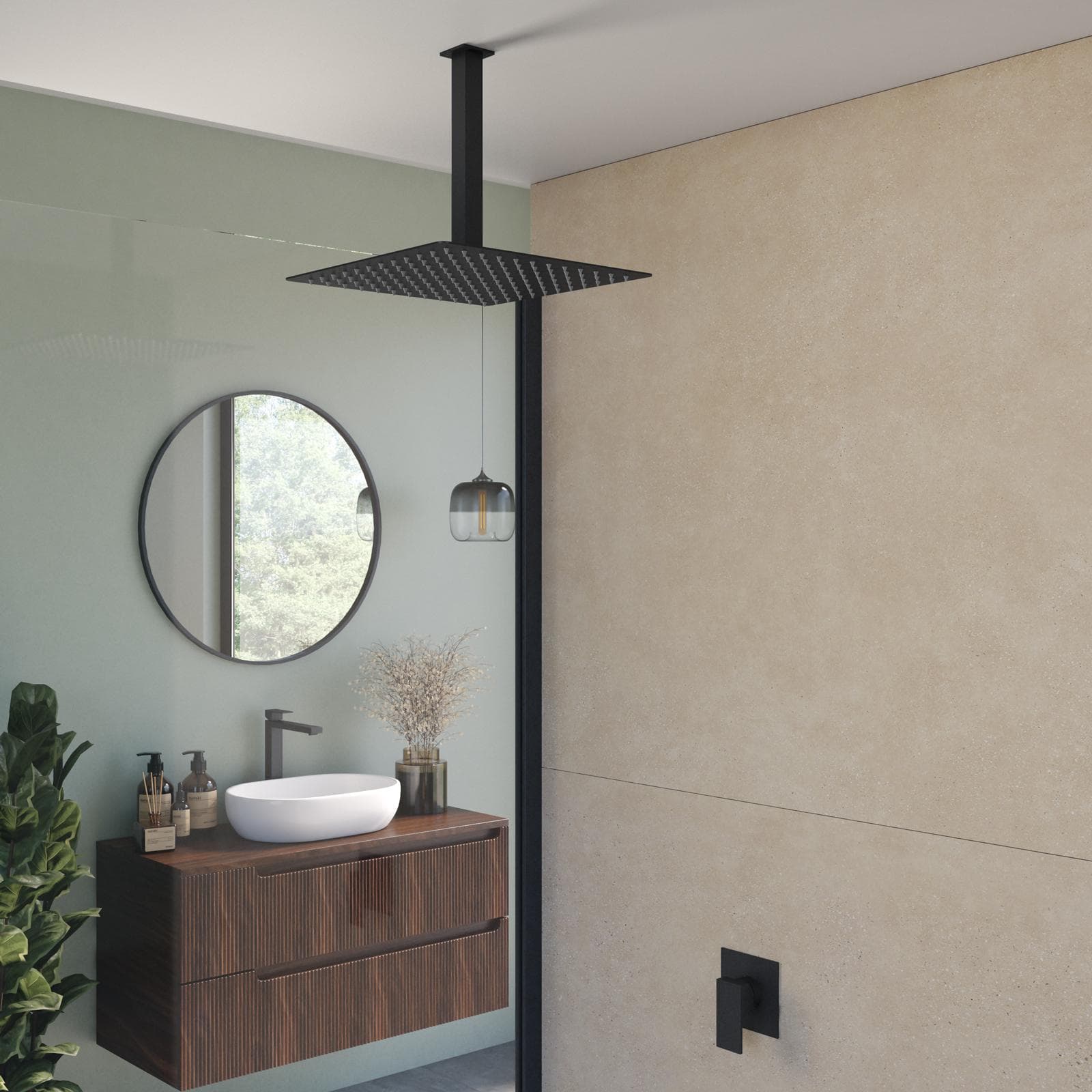 Set incasso doccia con braccio a soffitto 20 cm e soffione 30x30 cm nero – Kyria
