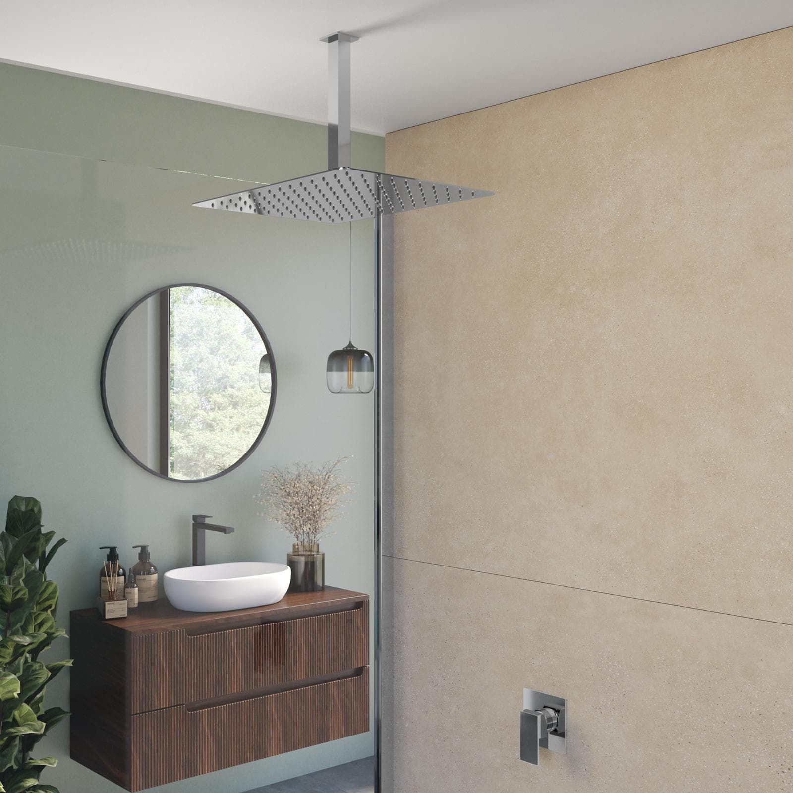 Set incasso doccia con braccio a soffitto 20 cm e soffione 40x30 cm cromo – Kyria