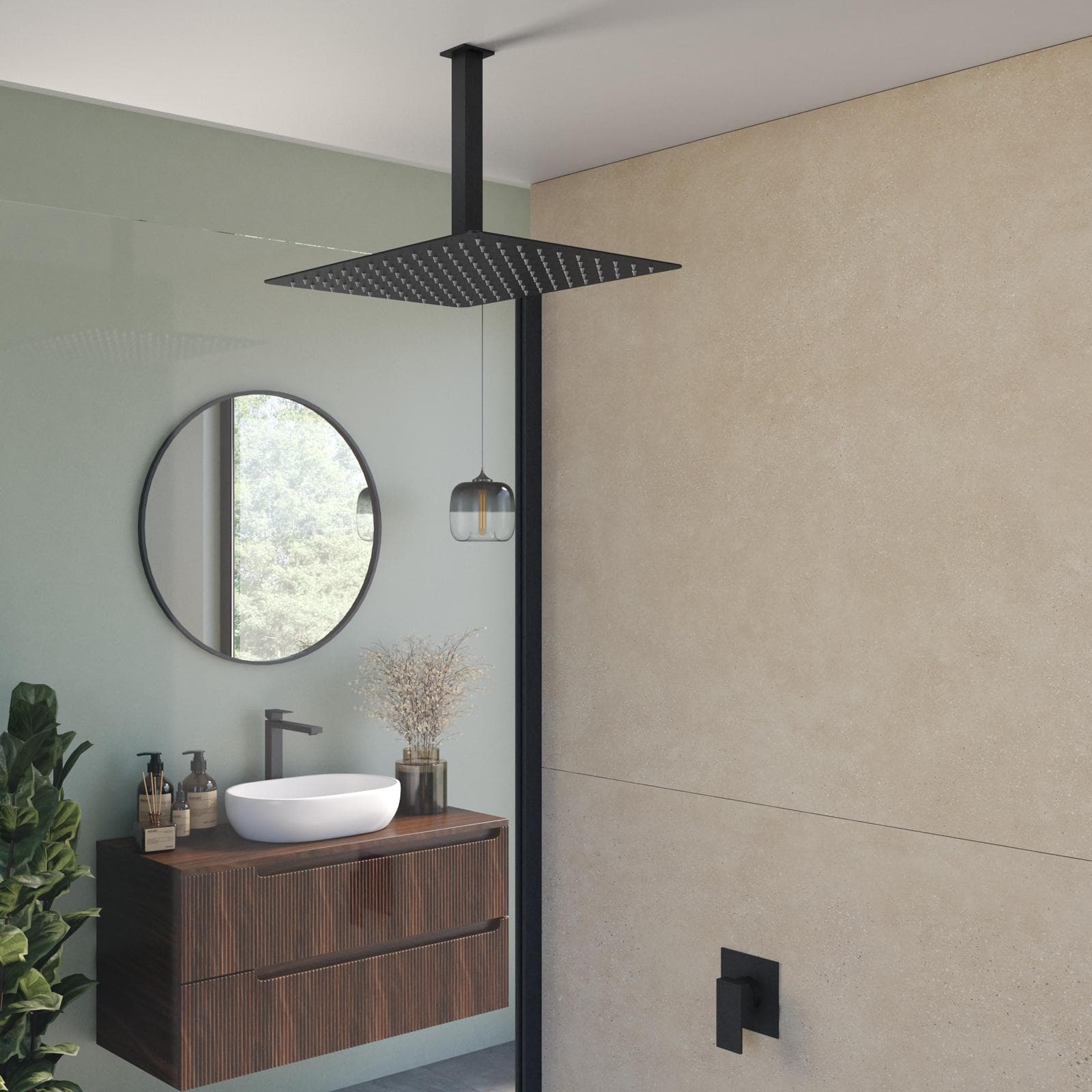 Set incasso doccia con braccio a soffitto 20 cm e soffione 40x30 cm nero – Kyria