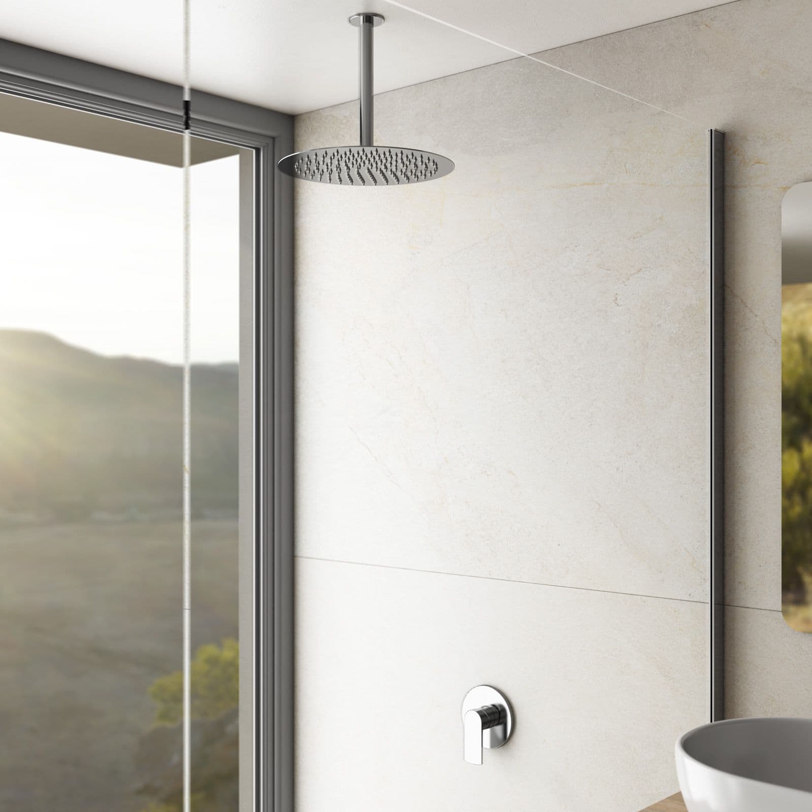 Set incasso doccia con braccio a soffitto 22 cm e soffione 30 cm cromo – Fluid