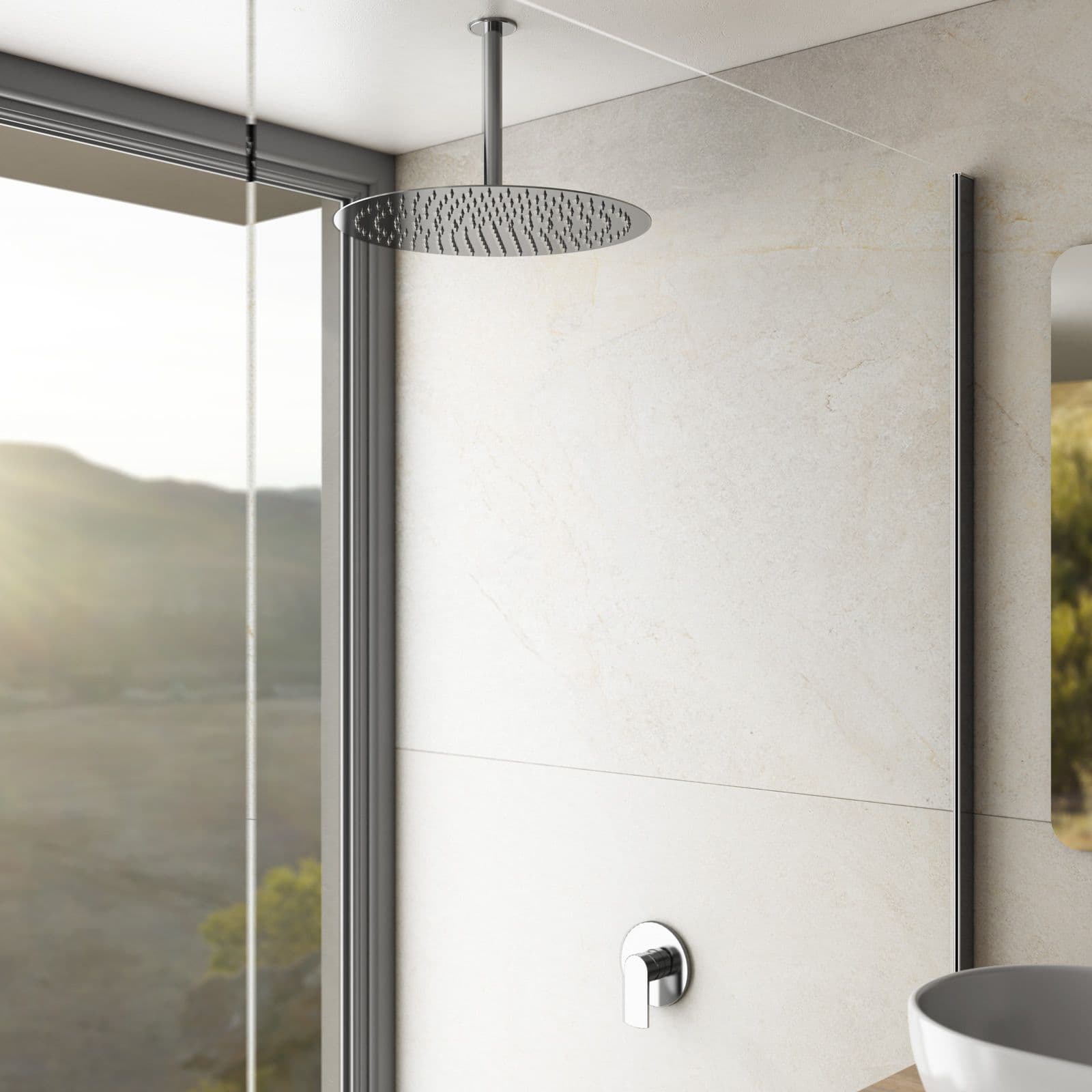Set incasso doccia con braccio a soffitto 22 cm e soffione 40 cm cromo – Fluid