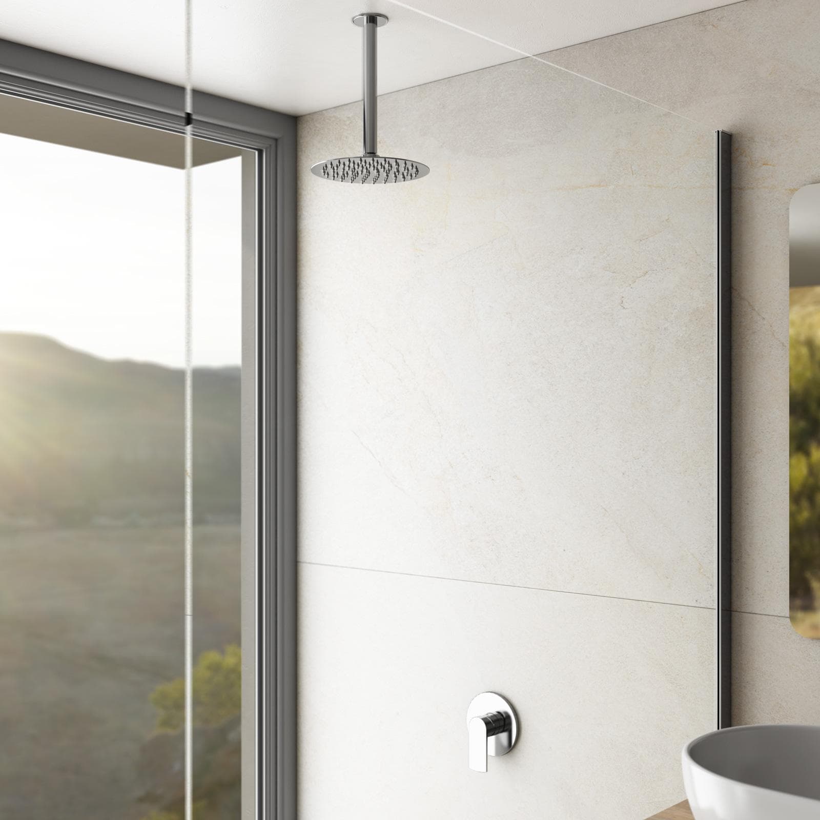 Set incasso doccia con braccio a soffitto 32 cm e soffione 20 cm cromo – Fluid