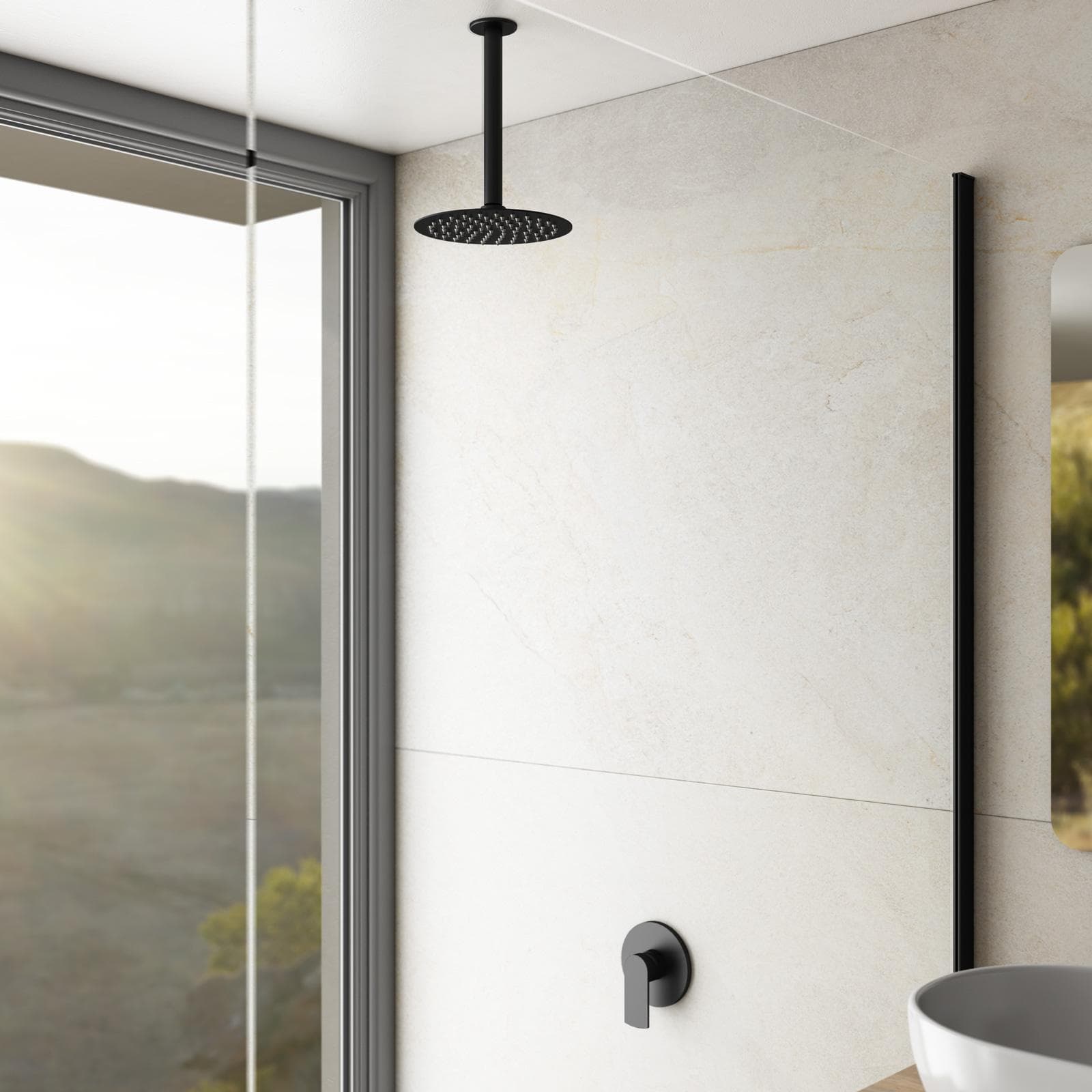 Set incasso doccia con braccio a soffitto 32 cm e soffione 20 cm nero opaco – Fluid