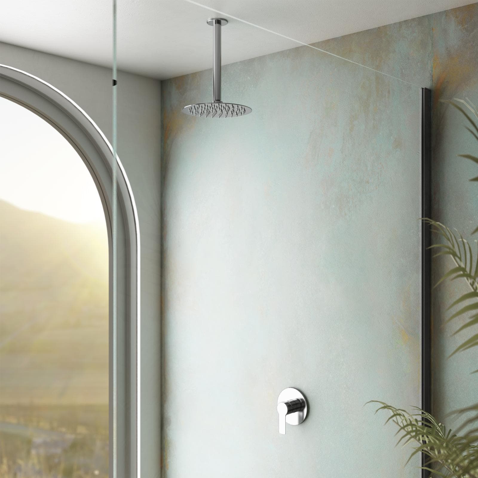 Set incasso doccia con braccio a soffitto 32 cm e soffione 25 cm cromo – Key