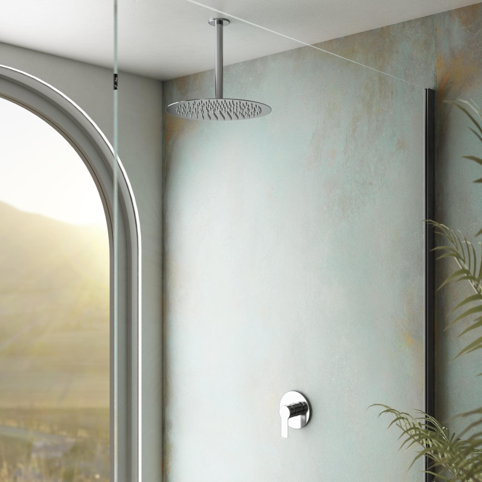 Set incasso doccia con braccio a soffitto 32 cm e soffione 30 cm cromo – Key
