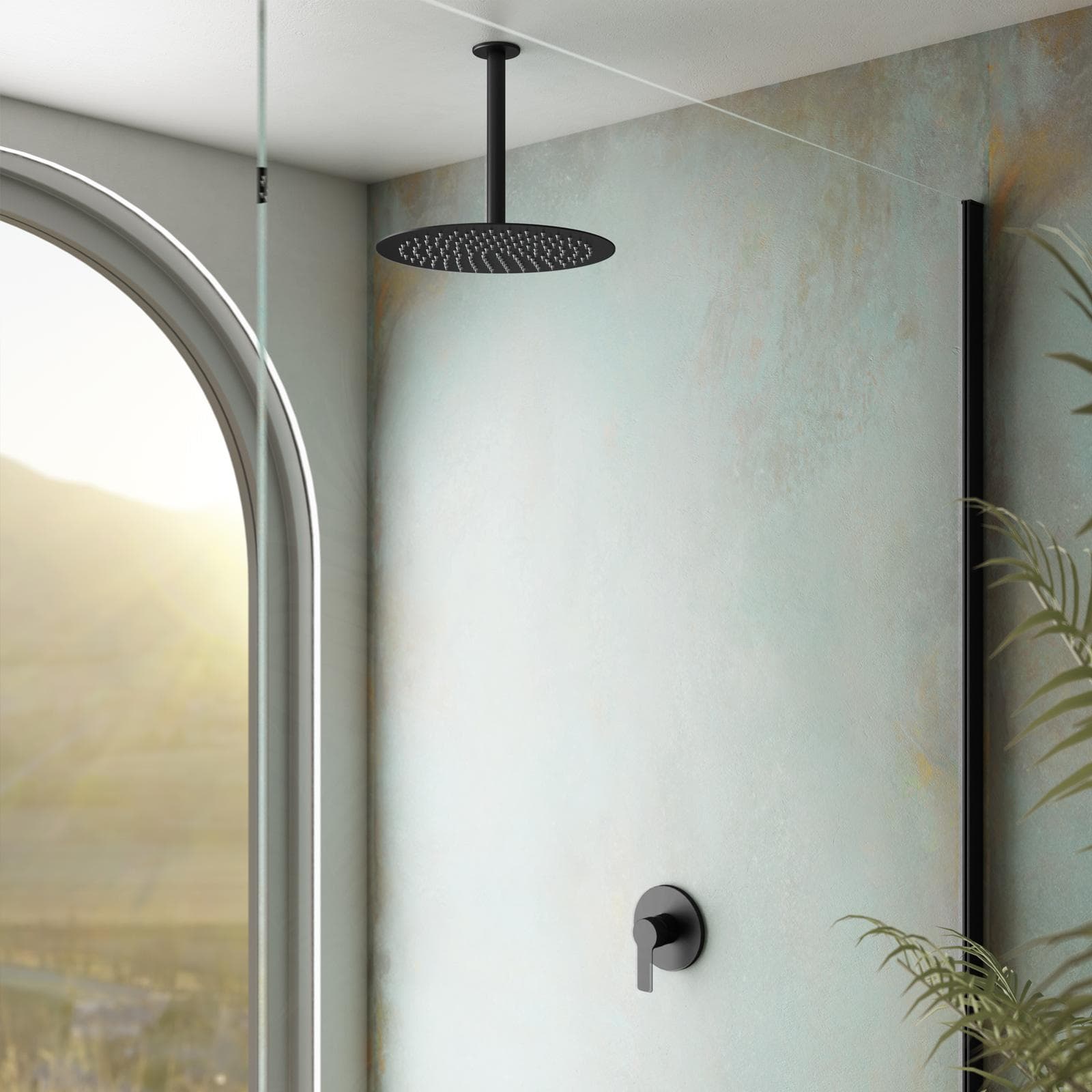 Set incasso doccia con braccio a soffitto 32 cm e soffione 30 cm nero opaco – Key