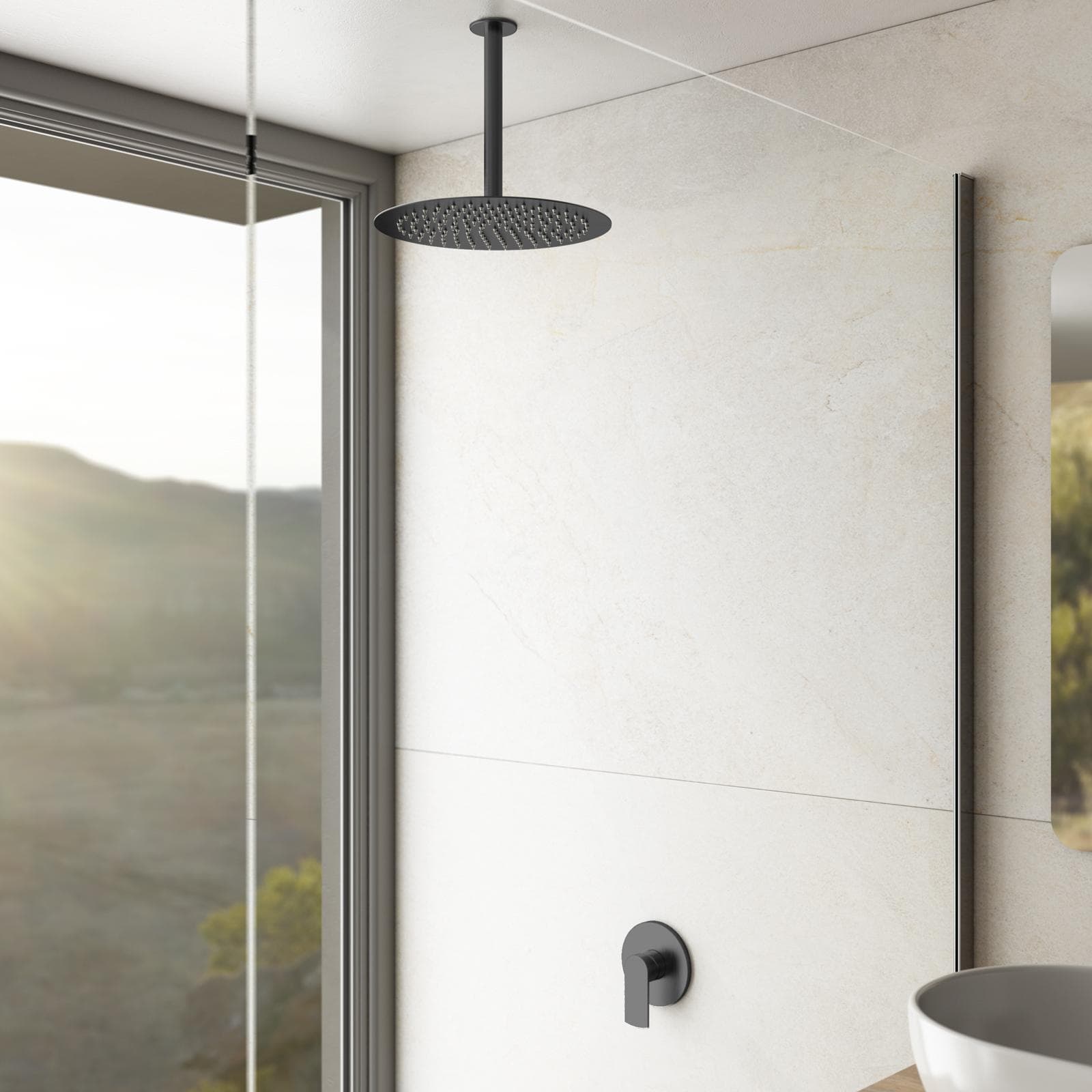 Set incasso doccia con braccio a soffitto 32 cm e soffione 30 cm nero spazzolato – Fluid