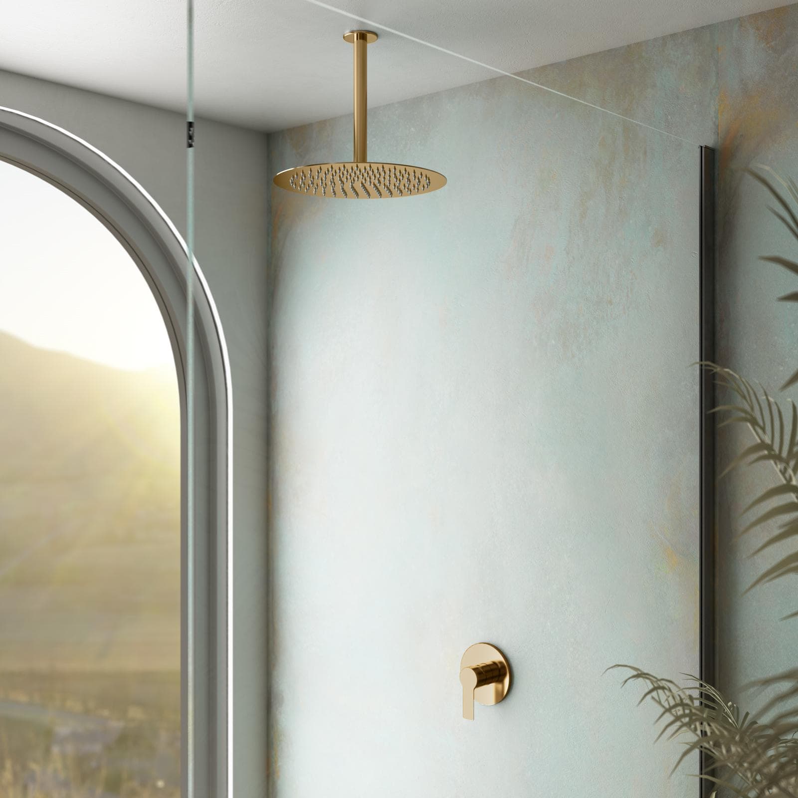 Set incasso doccia con braccio a soffitto 32 cm e soffione 30 cm oro spazzolato – Key