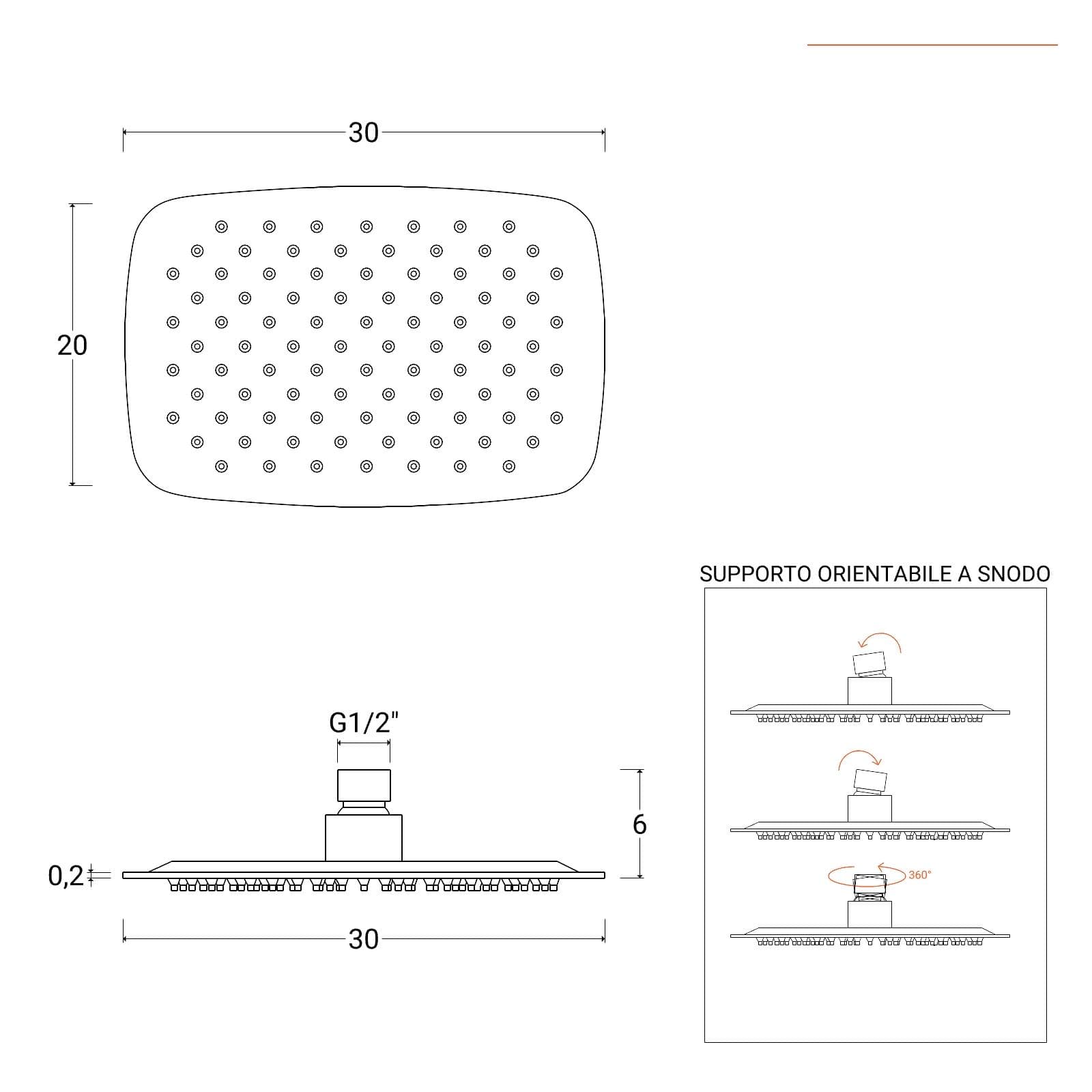 Set incasso doccia con braccio a soffitto 32 cm e soffione 30x20 cm cromo – Fusion