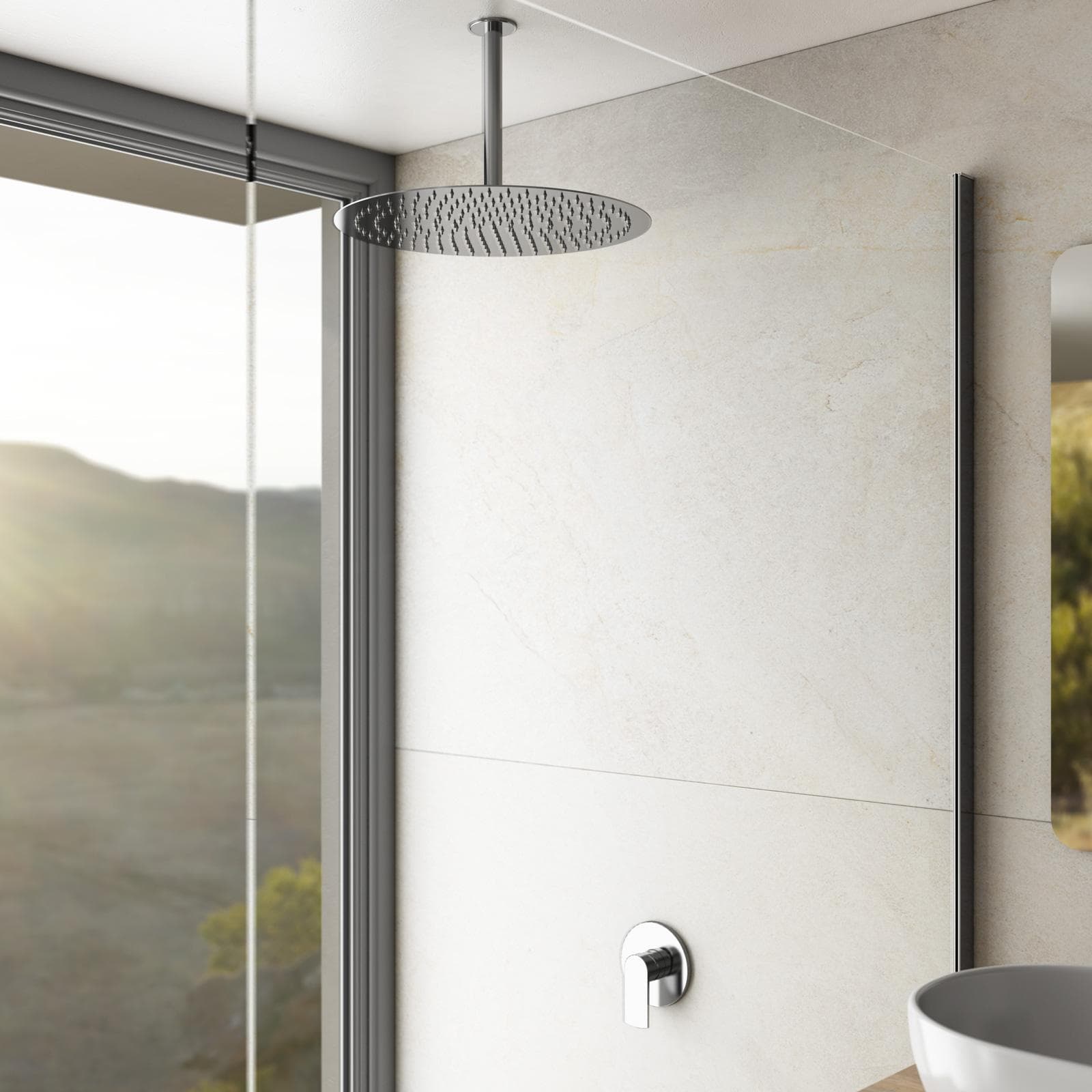 Set incasso doccia con braccio a soffitto 32 cm e soffione 40 cm cromo – Fluid