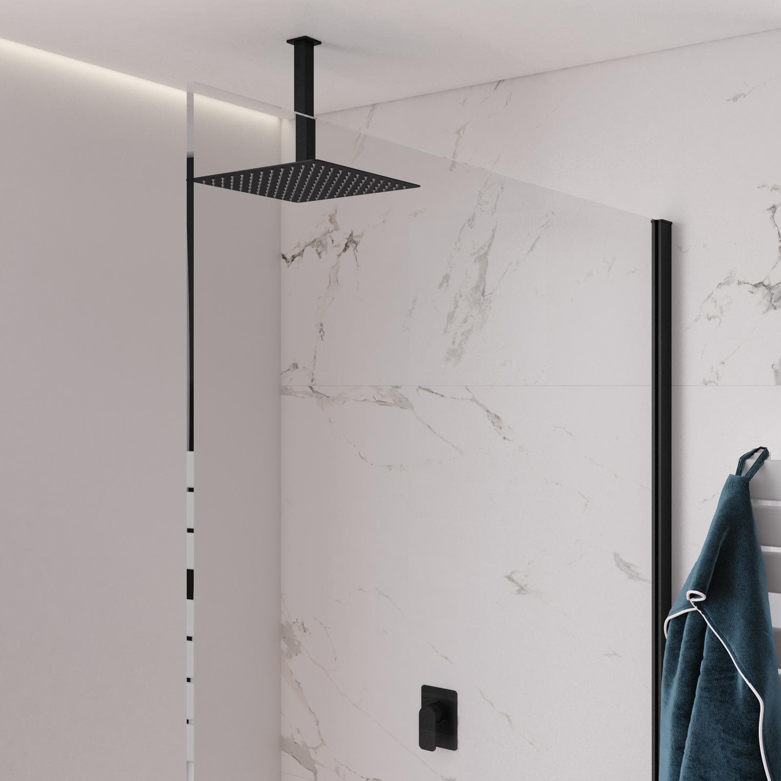 Set incasso doccia con braccio a soffitto 32 cm e soffione 40x40 cm nero opaco – Fusion