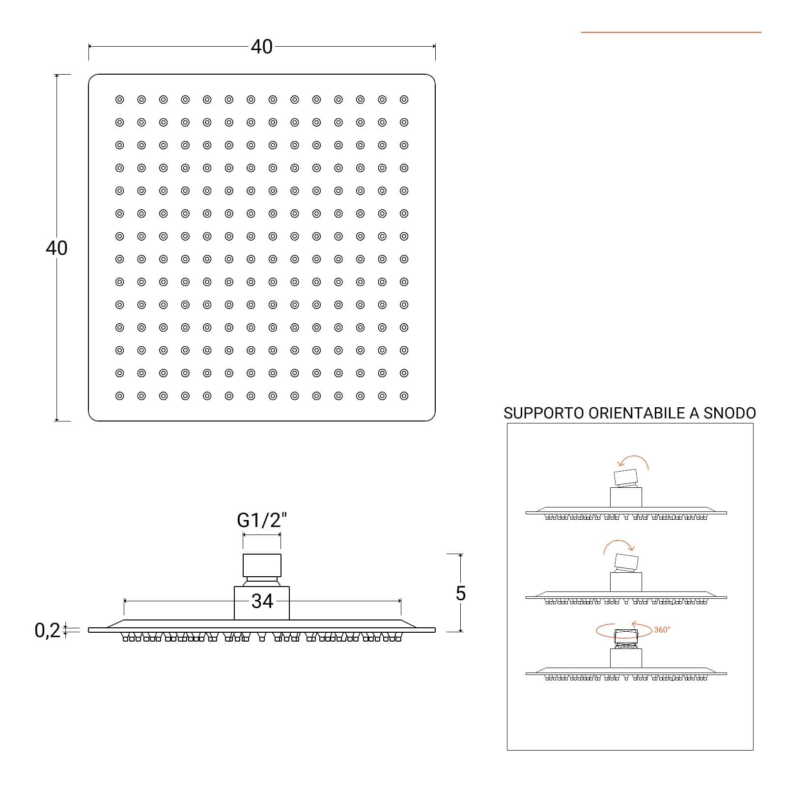 Set incasso doccia con braccio a soffitto 32 cm e soffione 40x40 cm nero opaco – Fusion