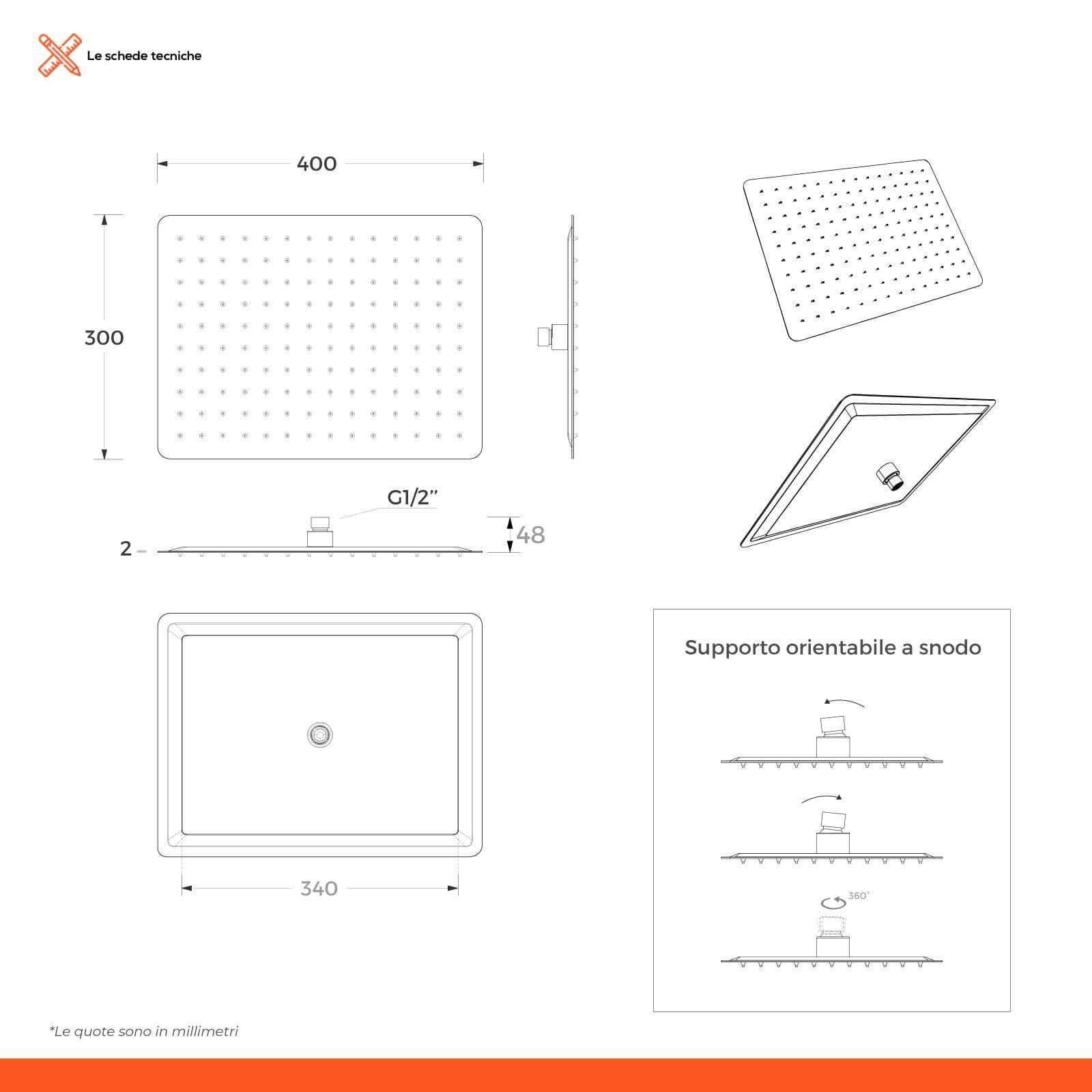 Set incasso doccia con braccio doccia 40 cm e soffione 40x30 cm nero – Kyria