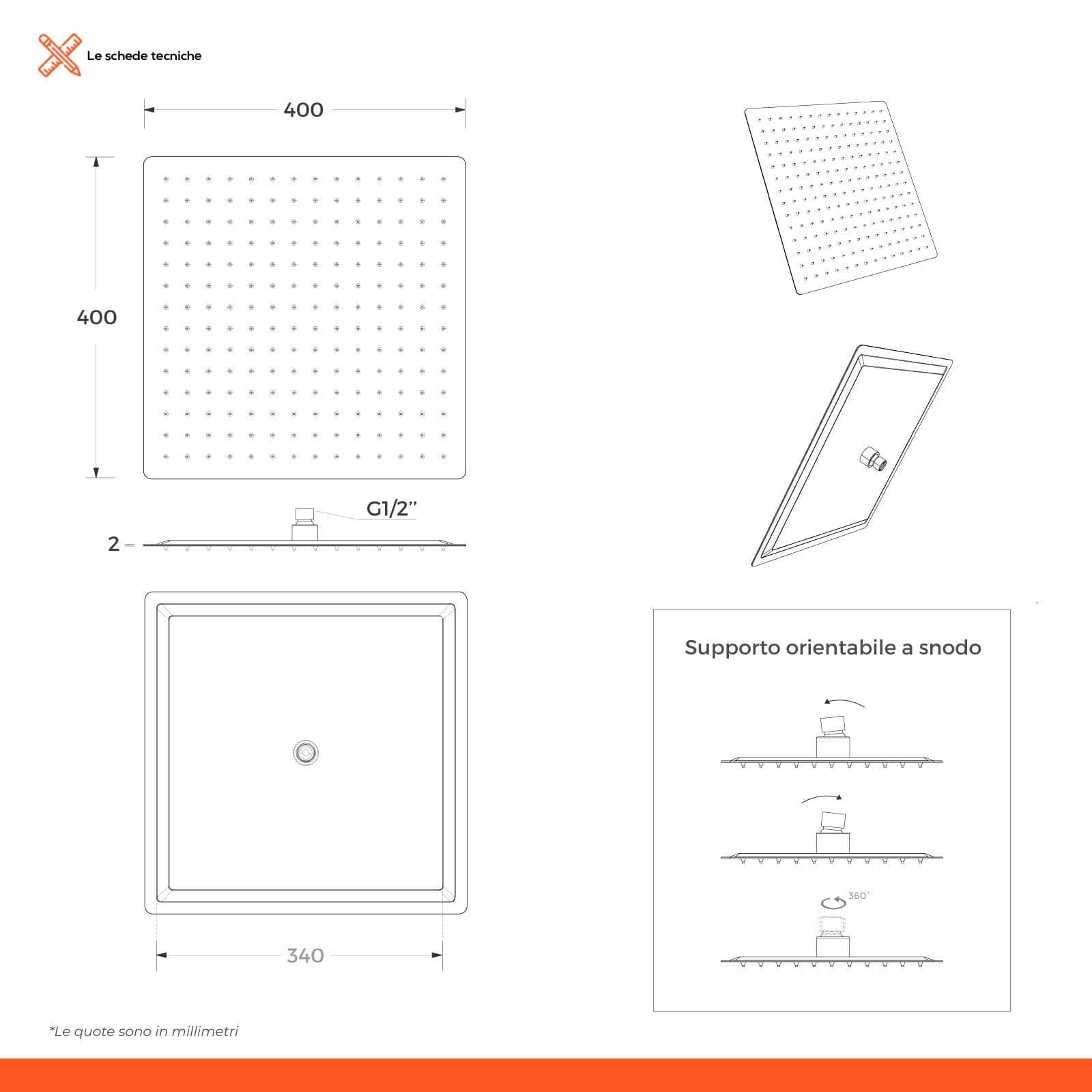 Set incasso doccia con braccio doccia 40 cm e soffione 40x40 cm spazzolato – Fusion