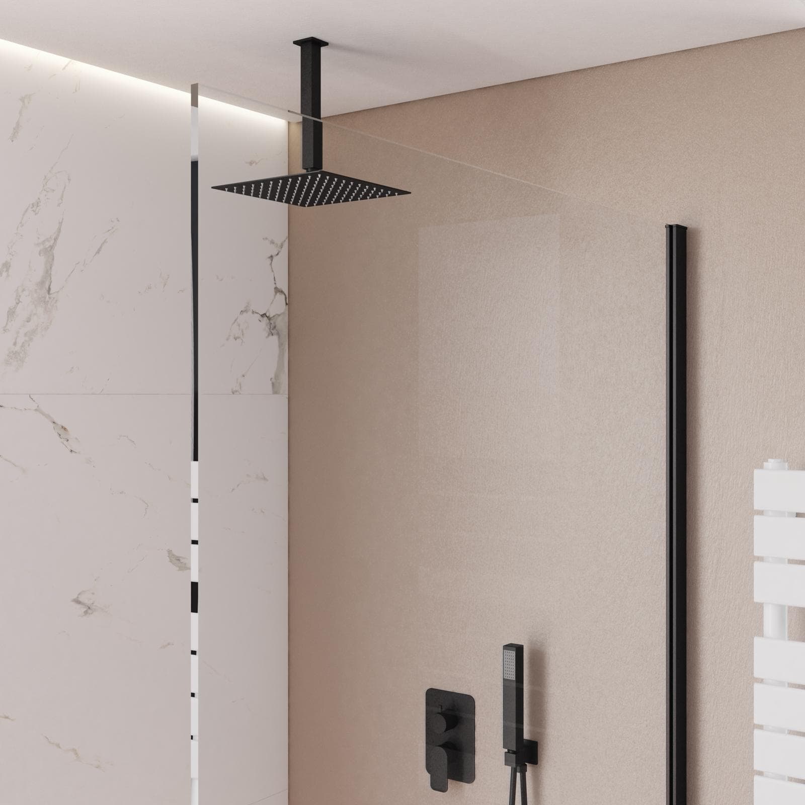 Set incasso doccia con deviatore con braccio a soffitto 20 cm e soffione 25x25 cm nero – Fusion
