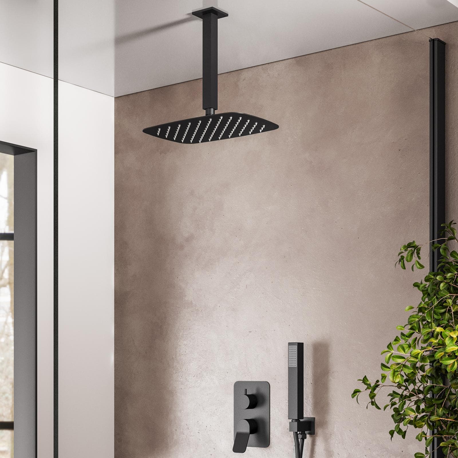 Set incasso doccia con deviatore con braccio a soffitto 20 cm e soffione 30x20 cm nero – Wing