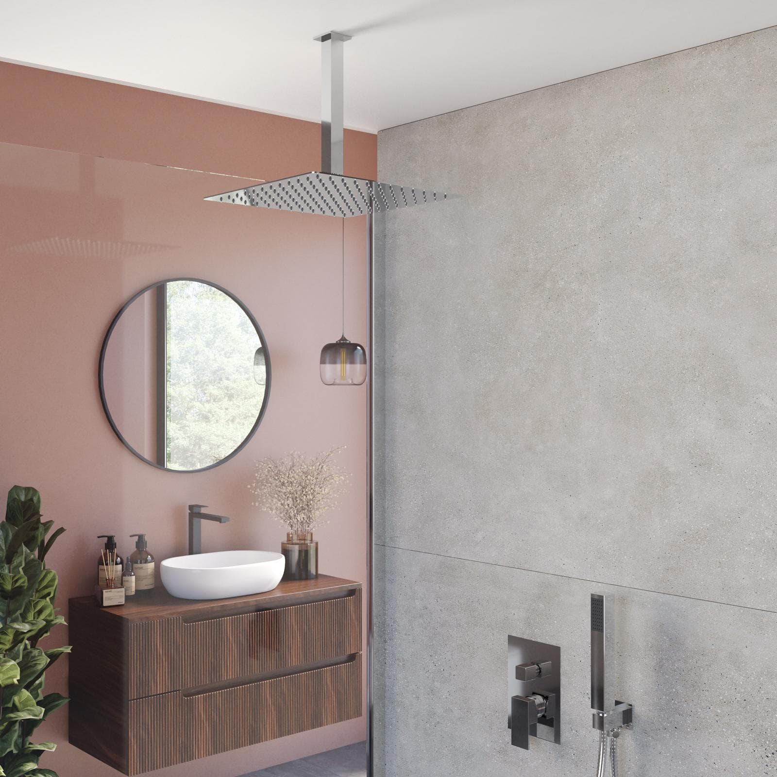 Set incasso doccia con deviatore con braccio a soffitto 20 cm e soffione 30x30 cm cromo – Kyria