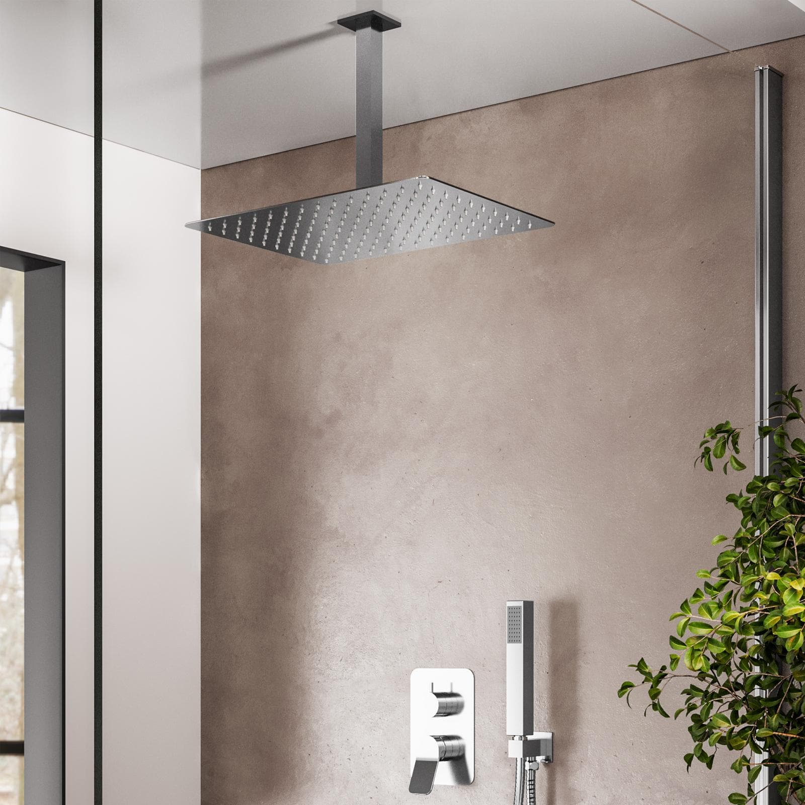 Set incasso doccia con deviatore con braccio a soffitto 20 cm e soffione 40x30 cm cromo – Wing