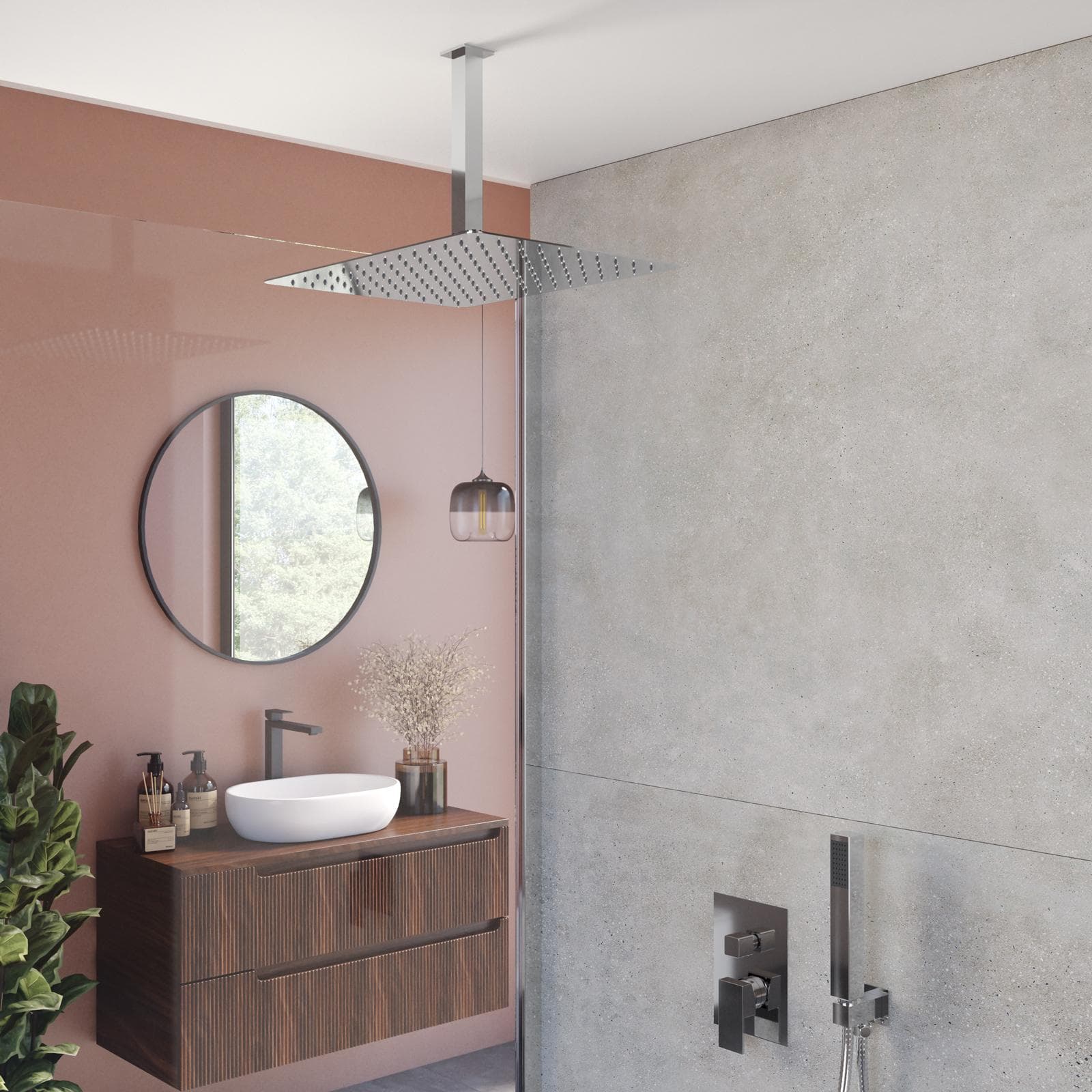 Set incasso doccia con deviatore con braccio a soffitto 20 cm e soffione 40x30 cm cromo – Kyria