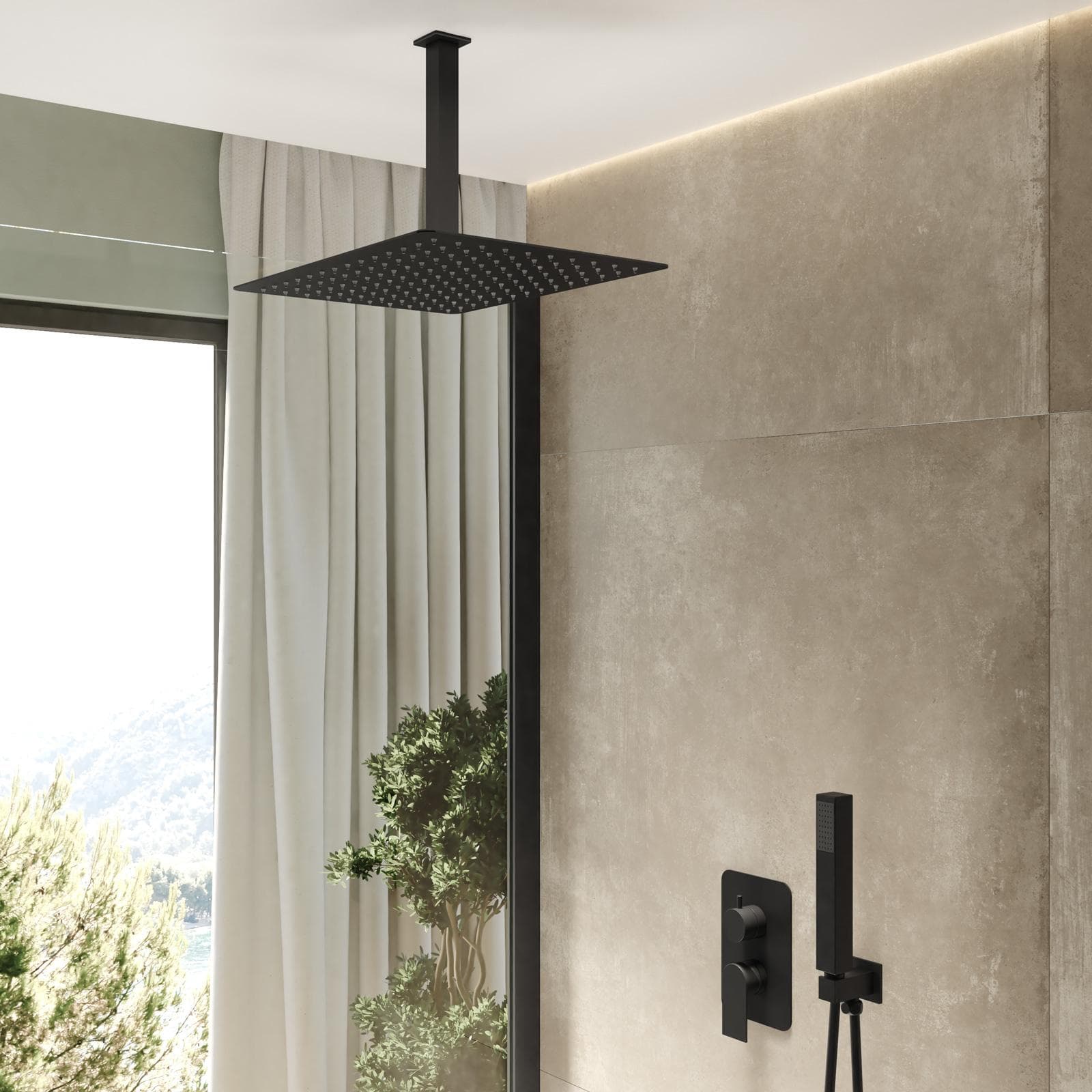 Set incasso doccia con deviatore con braccio a soffitto 20 cm e soffione 40x30 cm nero – Iota