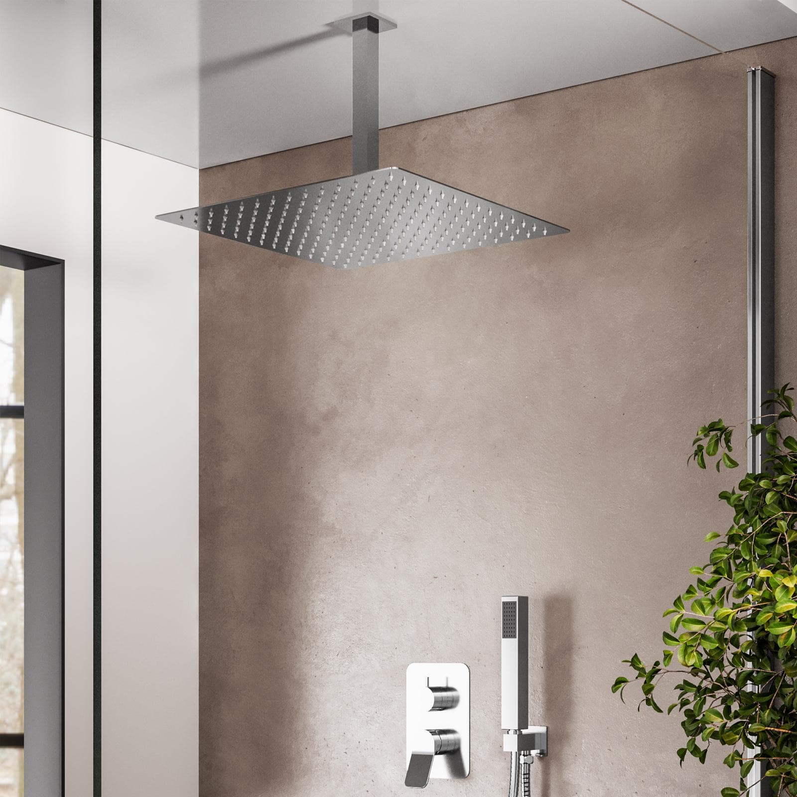 Set incasso doccia con deviatore con braccio a soffitto 20 cm e soffione 40x40 cm cromo – Wing