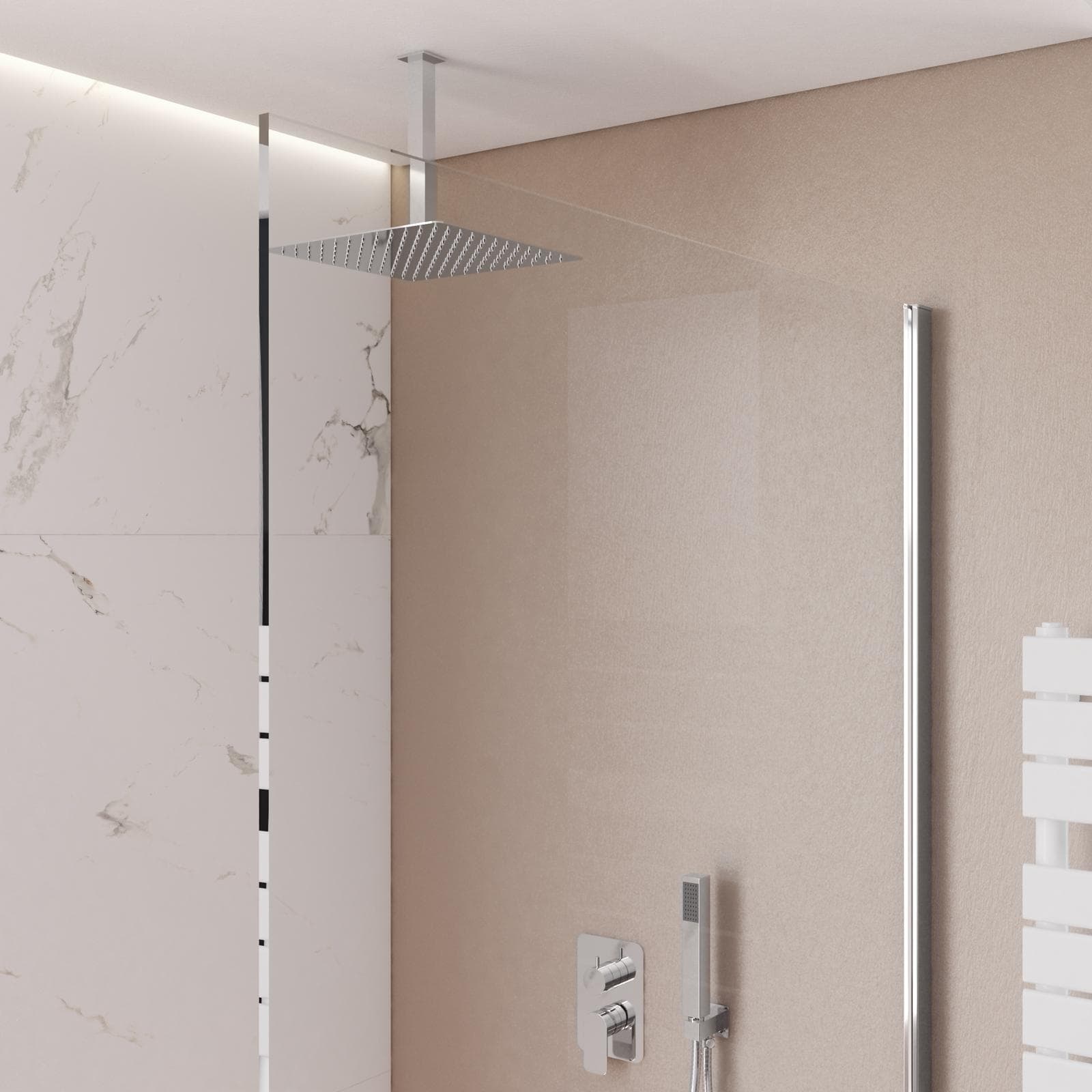 Set incasso doccia con deviatore con braccio a soffitto 32 cm e soffione 30x30 cm cromo – Fusion