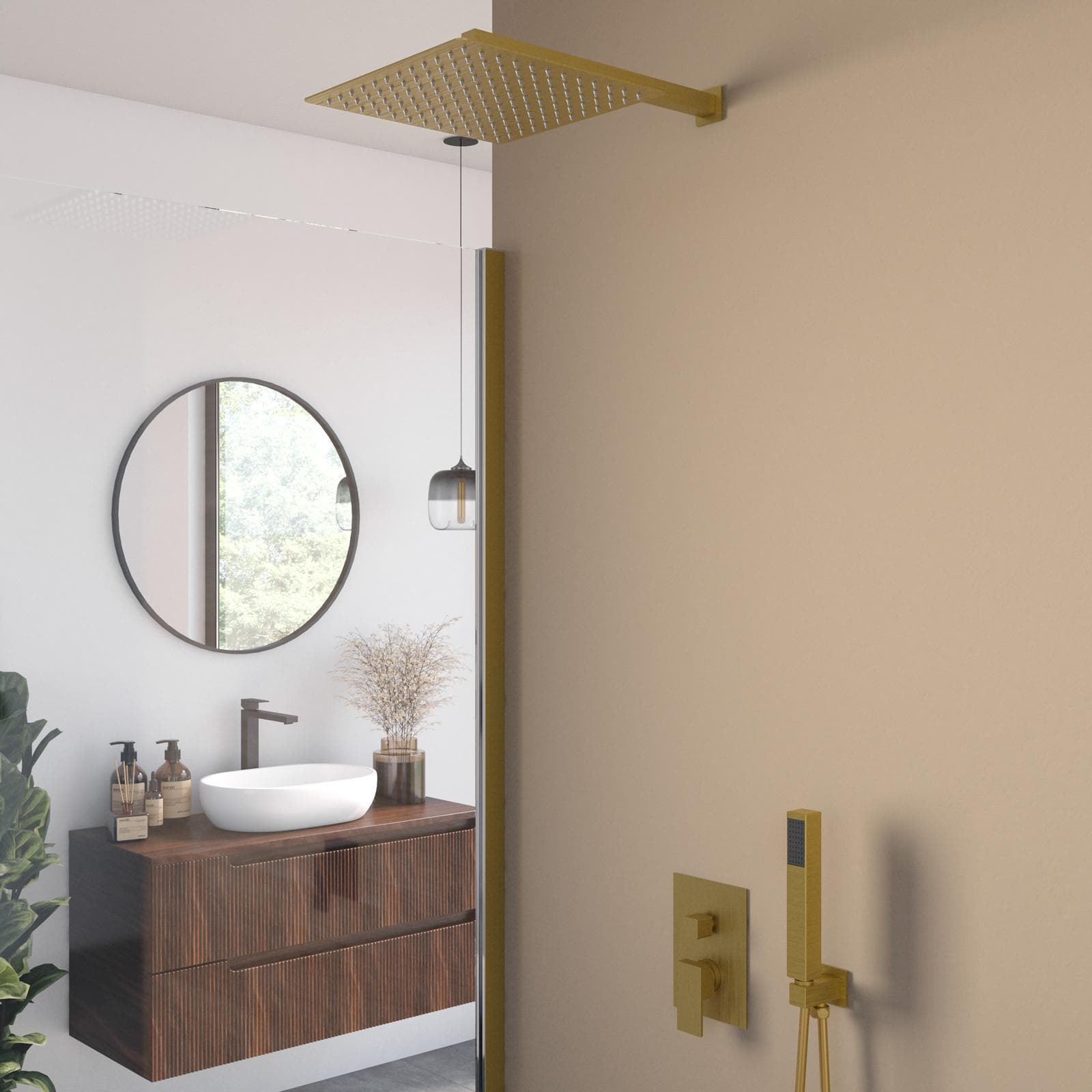 Set incasso doccia con deviatore con braccio doccia 40 cm e soffione 30x30 cm oro spazzolato – Kyria