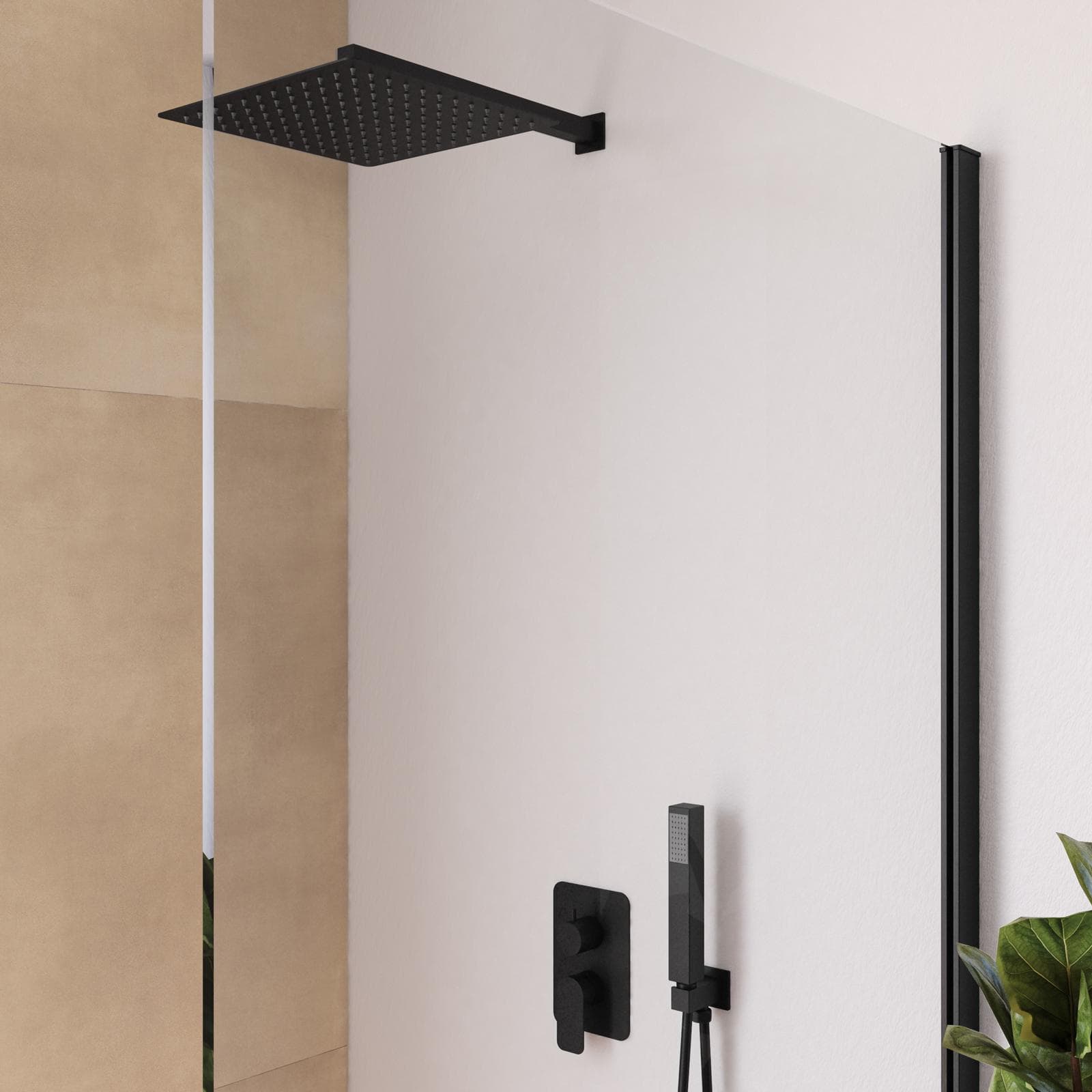 Set incasso doccia con deviatore con braccio doccia 40 cm e soffione 40x40 cm nero – Fusion