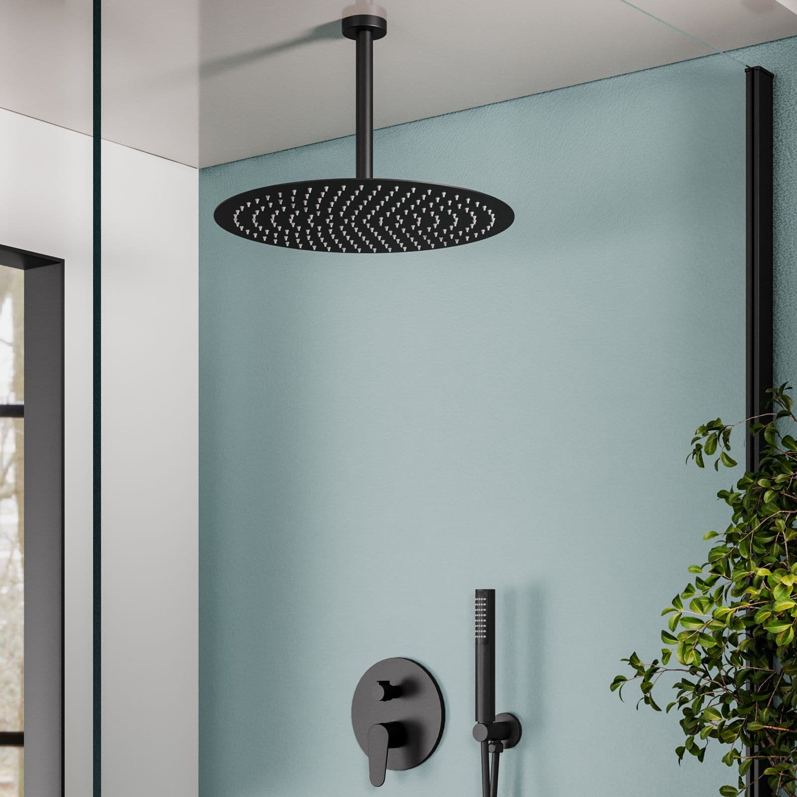 Set incasso doccia con deviatore e doccino con braccio doccia 22 cm e soffione 40 cm nero – Lir