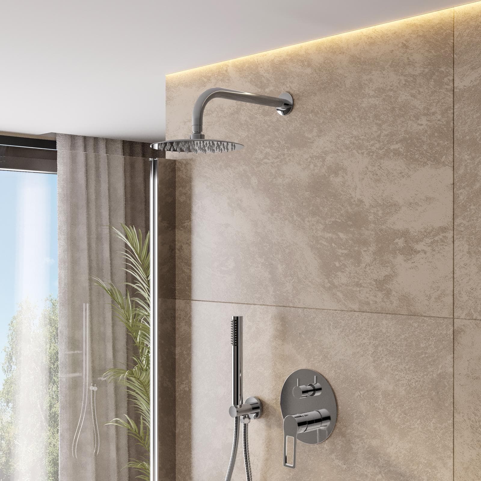 Set incasso doccia con deviatore e doccino con braccio doccia 28 cm e soffione 25 cm cromo – Ketra