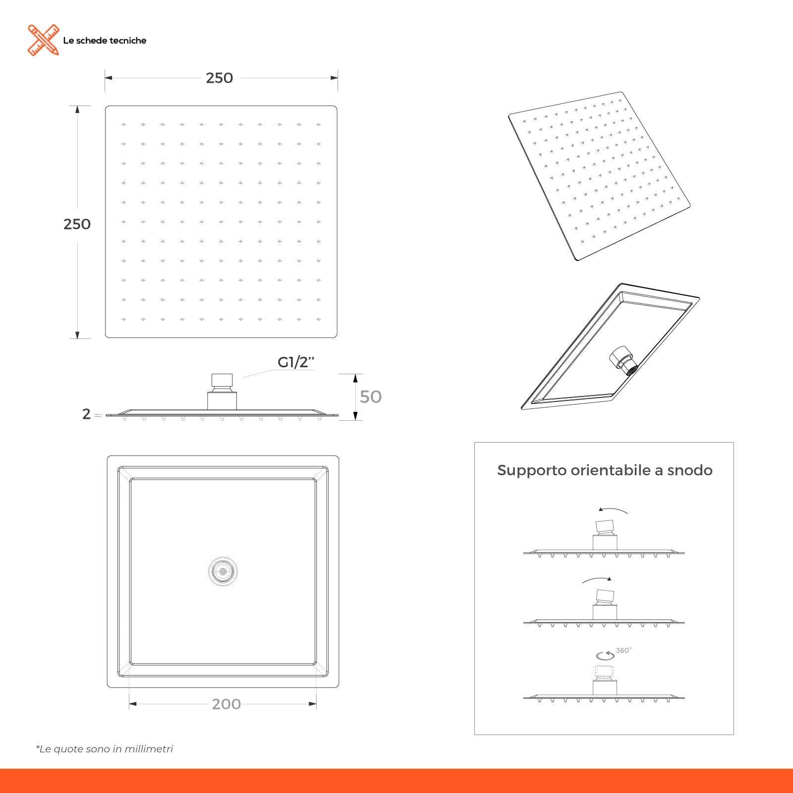 Set incasso doccia con deviatore e doccino con braccio doccia 35 cm e soffione 25x25 cm cromo – Tiamat