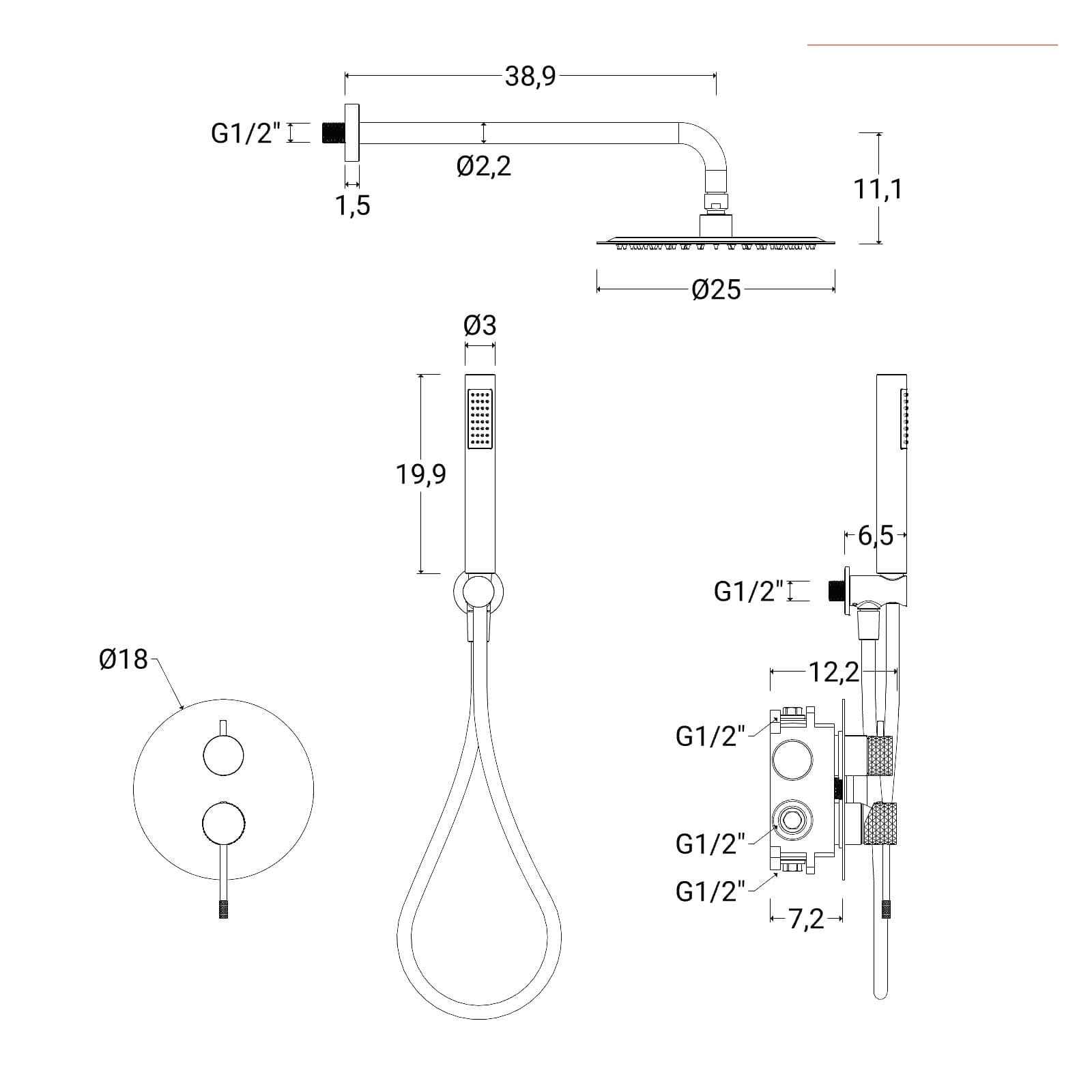 Set incasso doccia con soffione e doccino in acciaio inox nero spazzolato anti-impronta - Fear