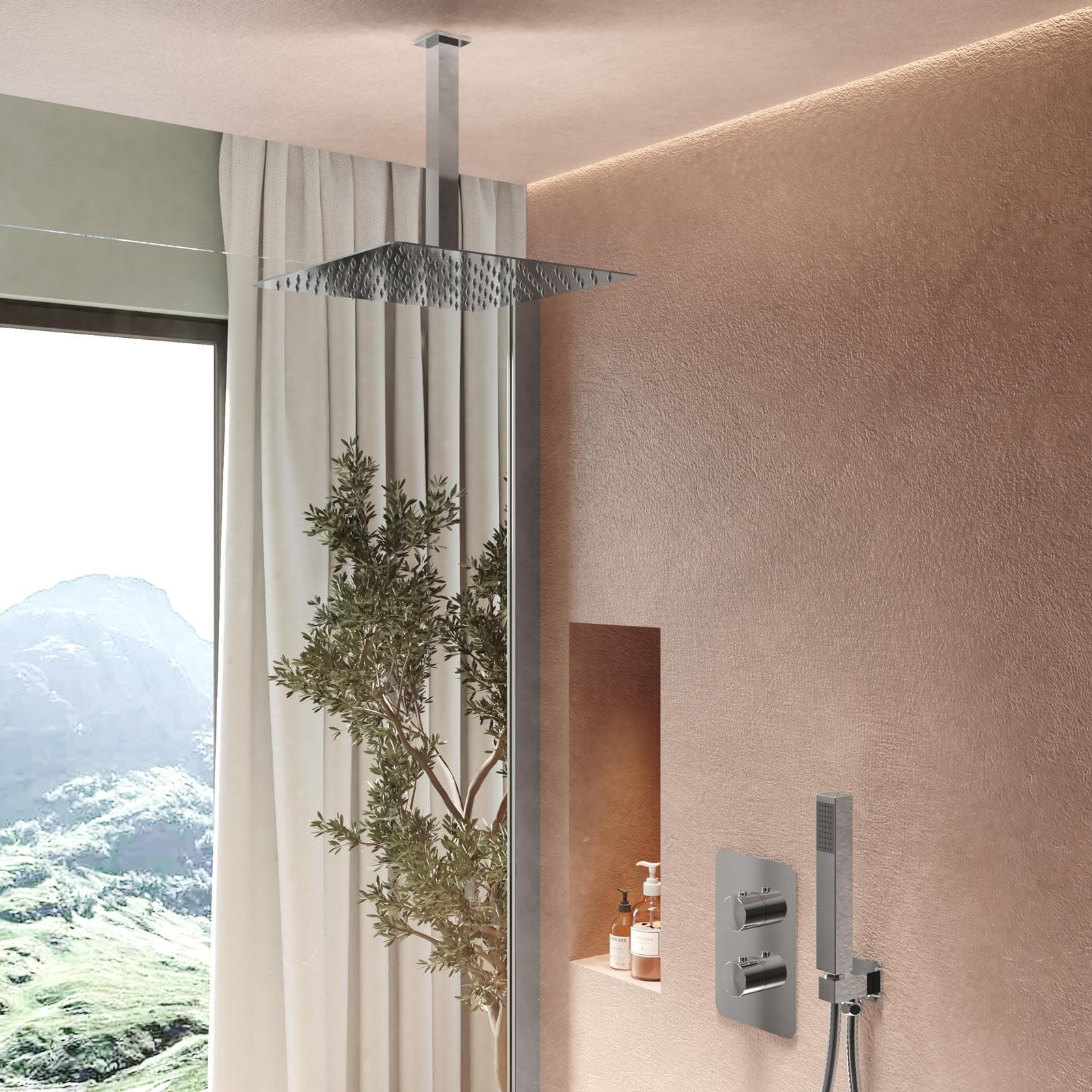 Set incasso doccia termostatico con deviatore con braccio a soffitto 20 cm e soffione 30x30 cm cromo – Iota